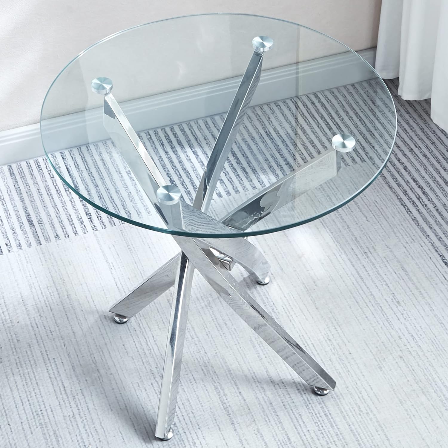 SSLine Mesa auxiliar redonda de vidrio con base plateada, pedestal de vidrio templado transparente, mesa auxiliar de lujo para sala de estar,