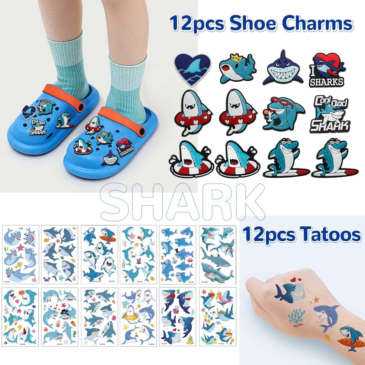 Shark Party Favors, Shark Birthday Party Supplies Serve 12, Include Slap Bracelets, Non-Duplicate Button Pins, Key Chains, Shoe Charms, Temporary