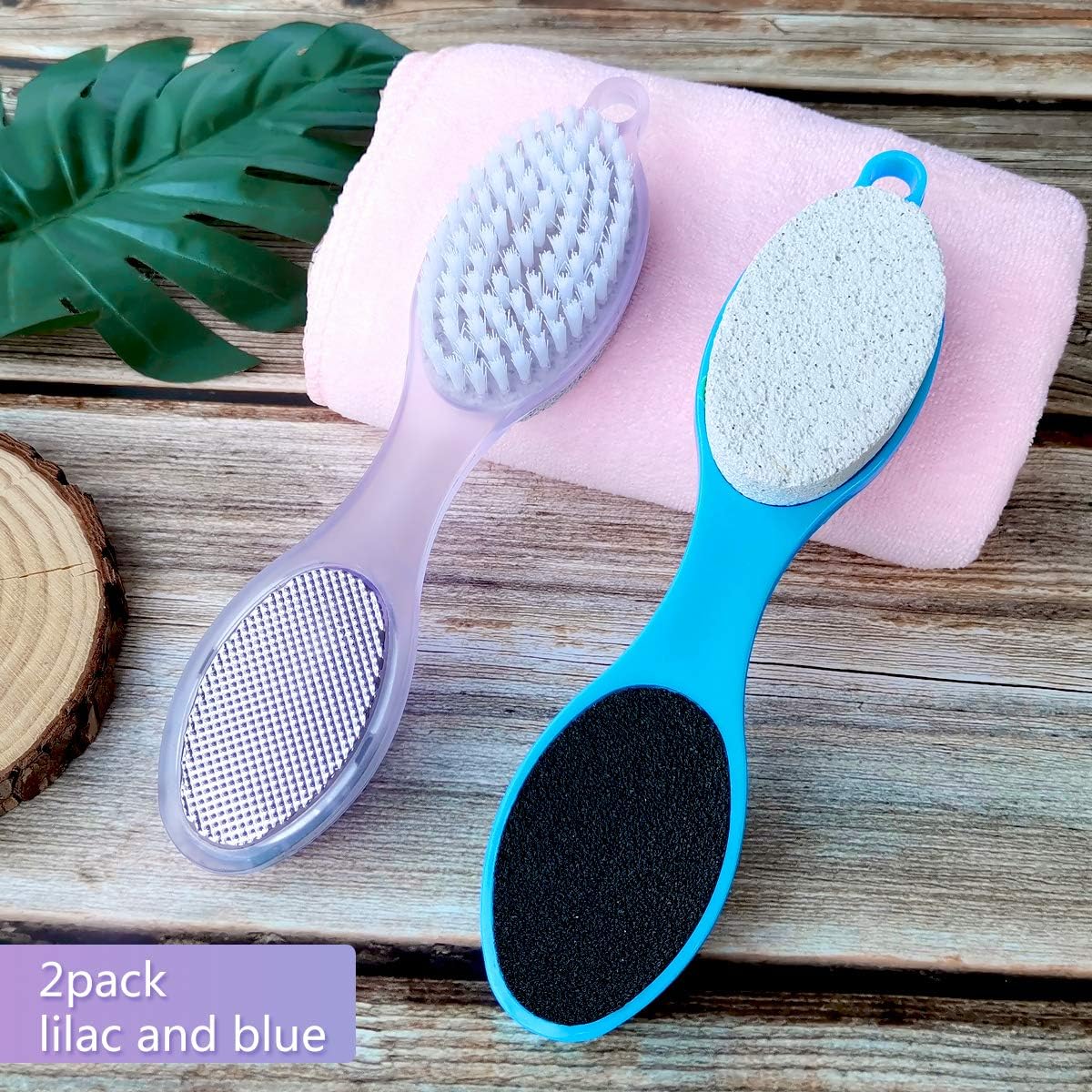 Cepillo de pies y piedra pómez  Paquete de 4 cepillos de pies para ducha, 4 en 1, lima de pedicura para el cuidado de los pies, morado y azul