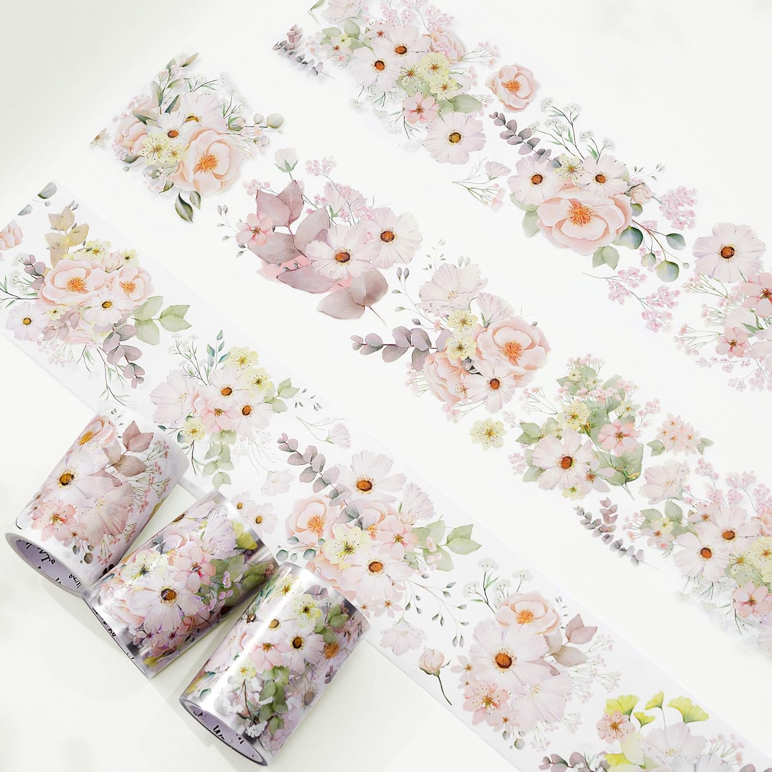 WT Cinta de PET ancha rubor, rollo individual, diseños originales, cinta decorativa de flores rosas acuarelas, cinta adhesiva transparente