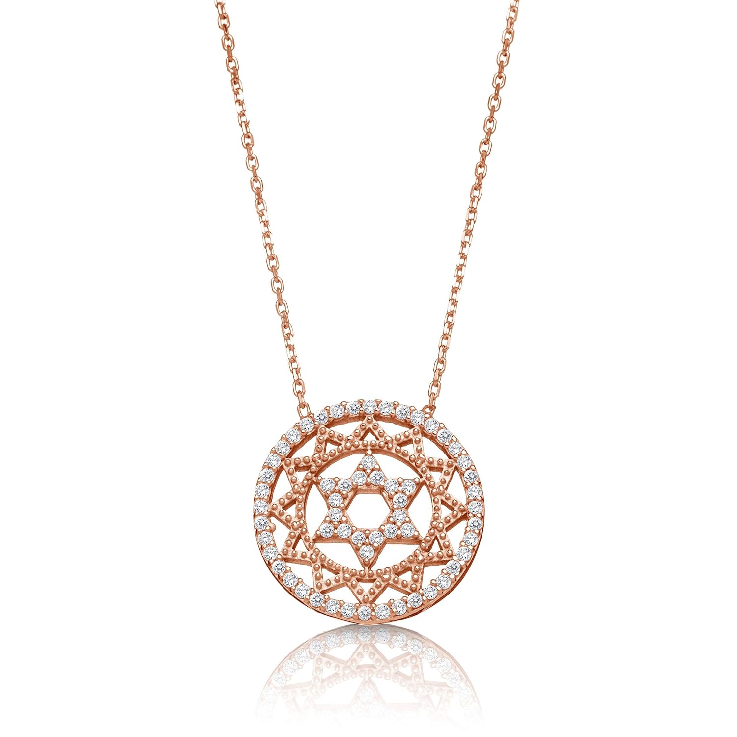 Jewish Star of David Necklace for Women and Girls with Sparkling Clear Cz Cubic Zirconia Stones in Rose Gold