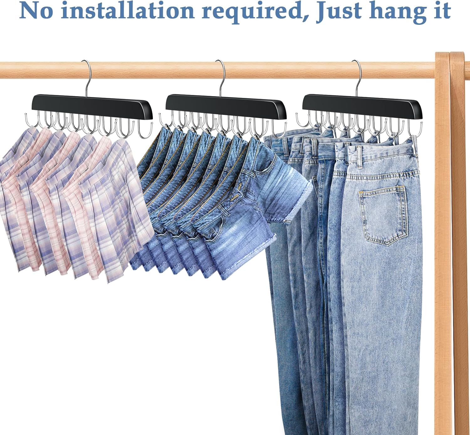 Ganchos para jeans para armario, 14 ganchos de madera para jeans que ahorran espacio, ganchos giratorios de 180 para jeans, faldas, pantalones