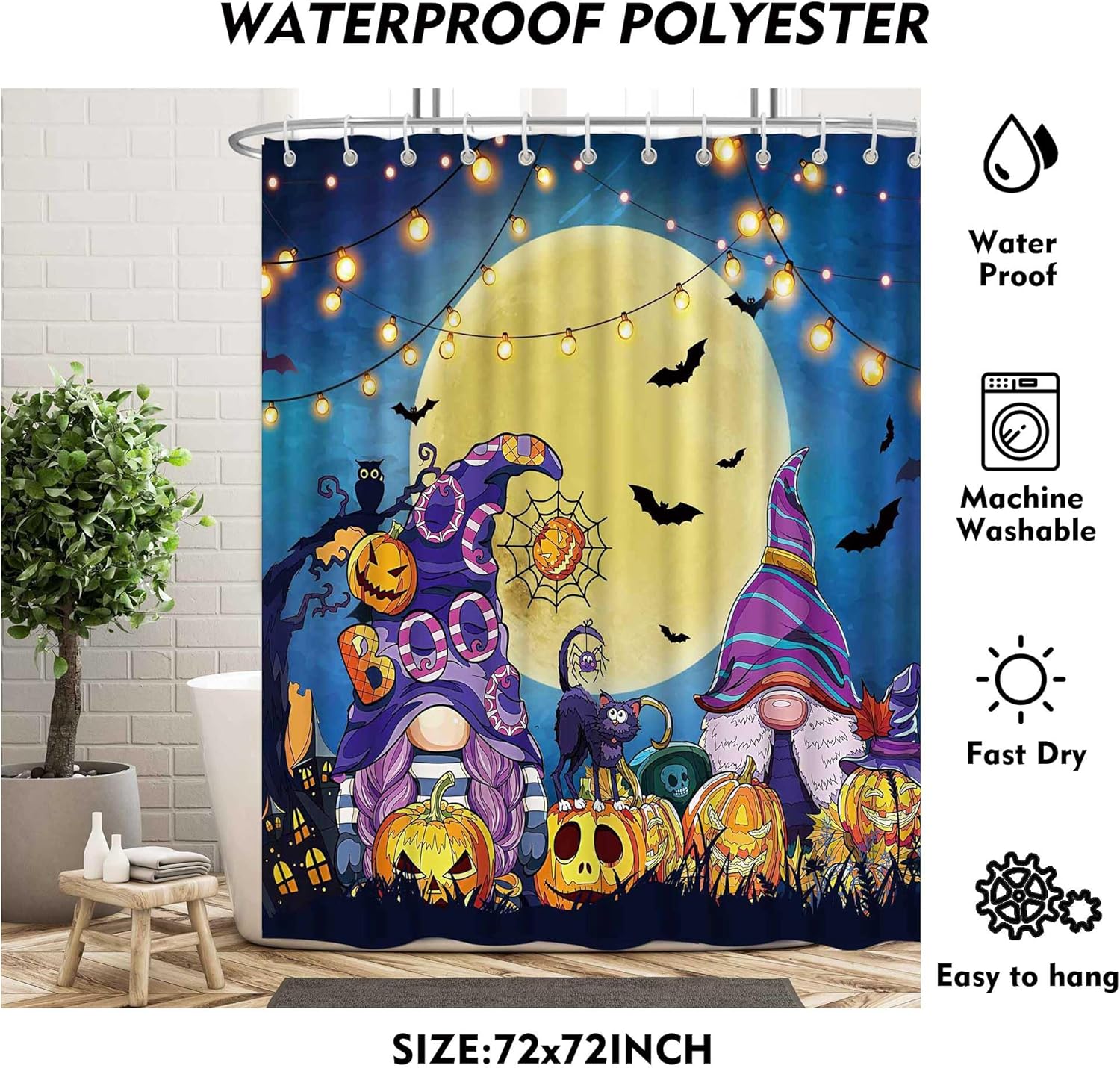 LIVUCEE Cortina de ducha de gnomos de Halloween de 72 x 72 pulgadas para baño, decoración de calabaza, noche y luna, cortina de baño de tela