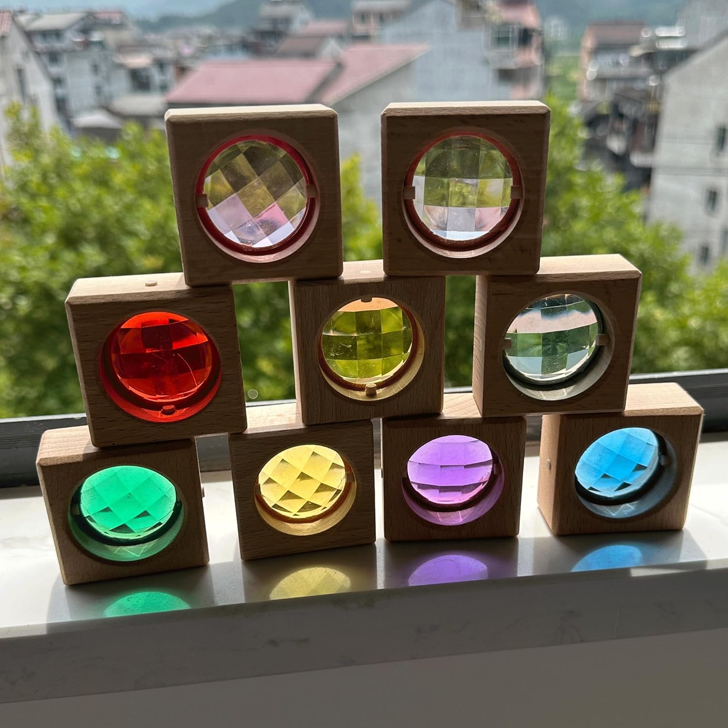 16 bloques de gemas de madera acrílica, juguetes apilables de madera coloridos acrílicos brillantes, juguetes educativos Montessori de madera de