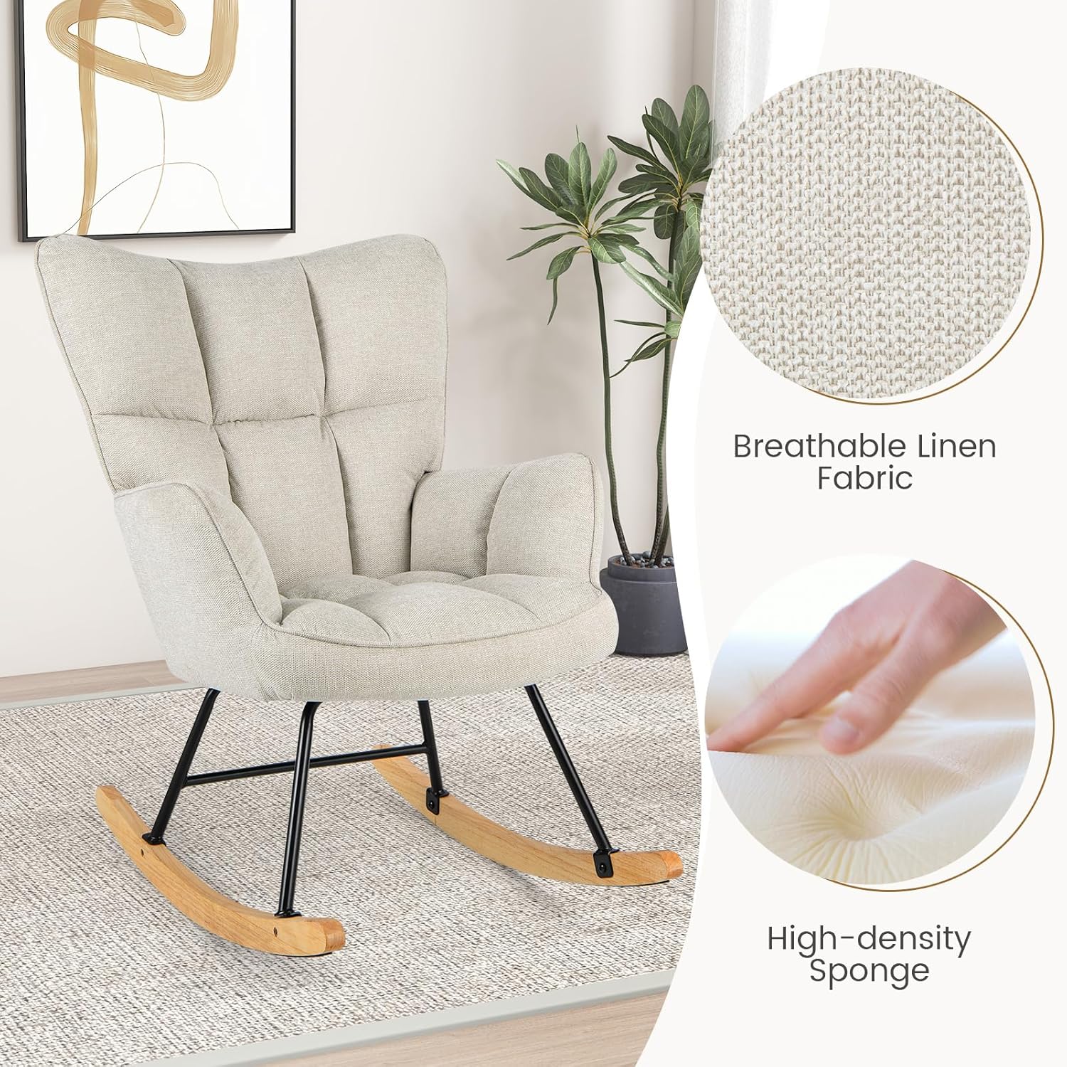 Giantex Mecedora para guardería, sillón moderno con respaldo alto, marco de metal sólido y madera, silla mecedora tapizada de lino para guardería,