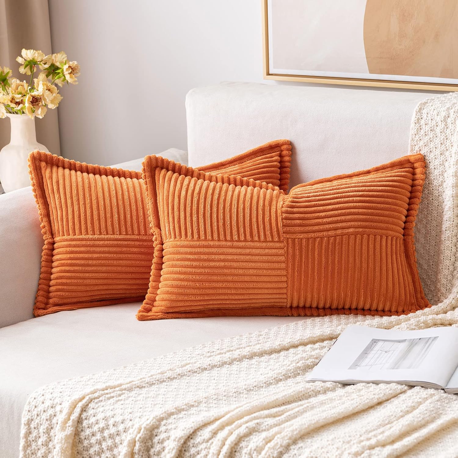 MIULEE Juego de 2 fundas de almohada naranjas de 12 x 20 pulgadas con empalme, fundas de almohada de pana a rayas bohemias súper suaves decorativas