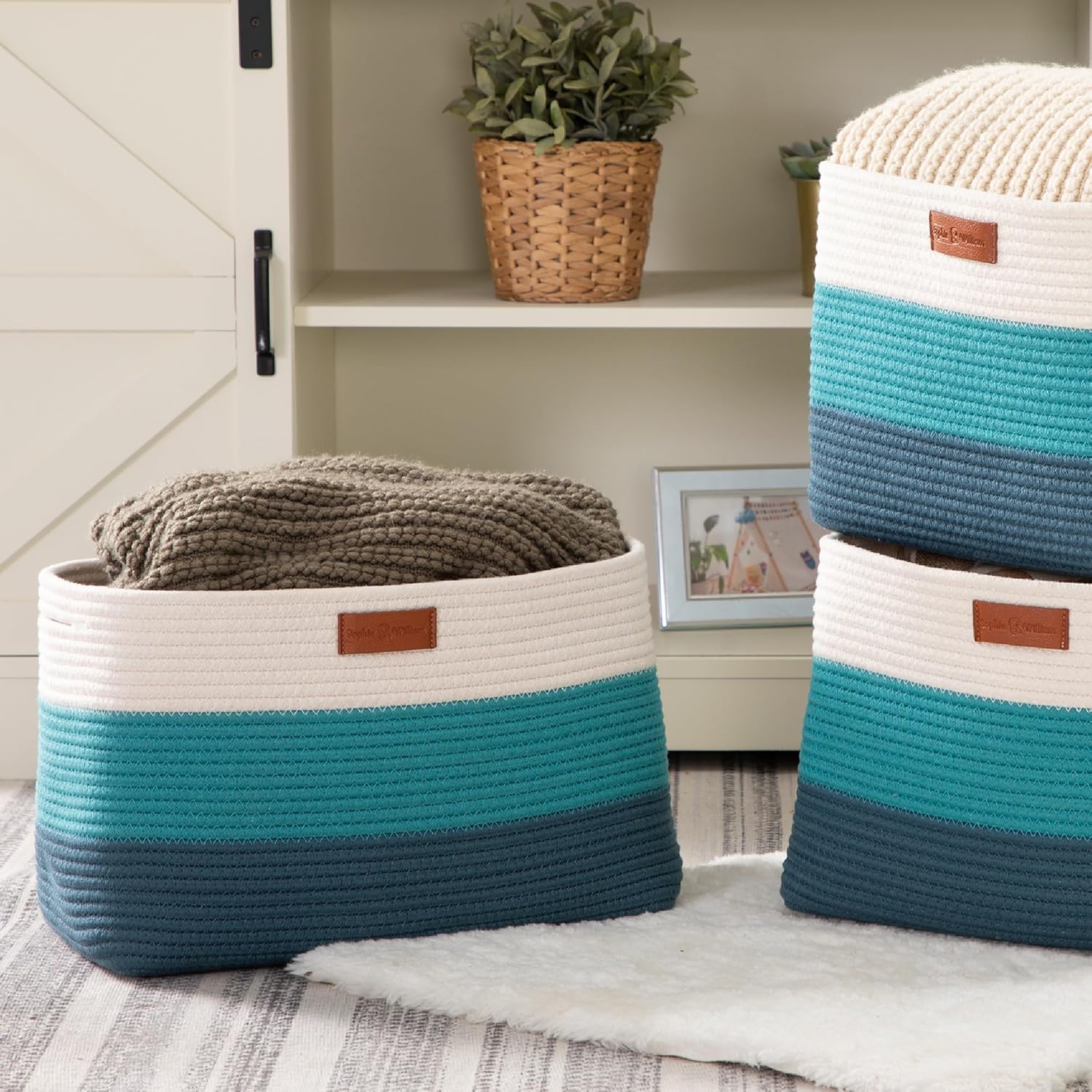 PHI VILLA Large Cotton Rope Basket, Woven Nursery Laundry Blanket Basket Toy Basket with Handles for Storage, Living Room, 15 x 10 x 8 inches,