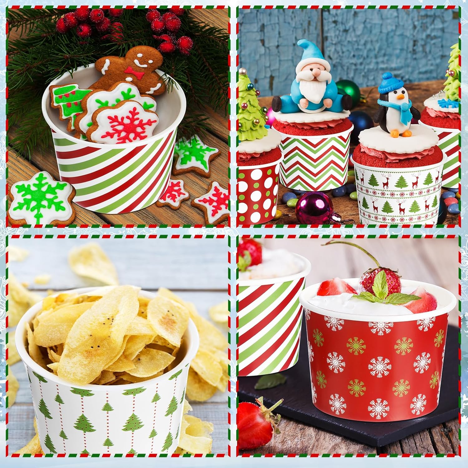 Cuencos desechables de postre de Navidad, de 9 onzas, cuencos de papel de Navidad para golosinas de Navidad, tazones de helado a rayas con copos de