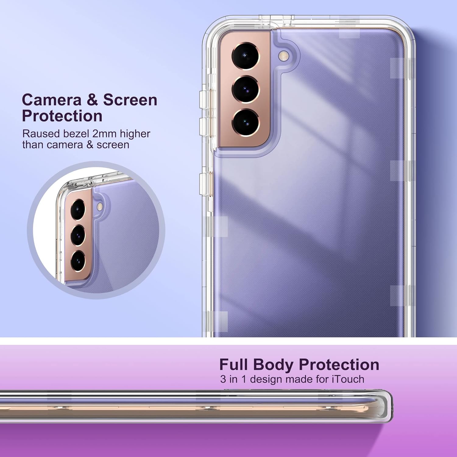 KIOMY Funda transparente a prueba de golpes para Galaxy S21+ 5G y 2 protectores de vidrio templado, carcasa rígida híbrida 3 en 1 y parachoques de