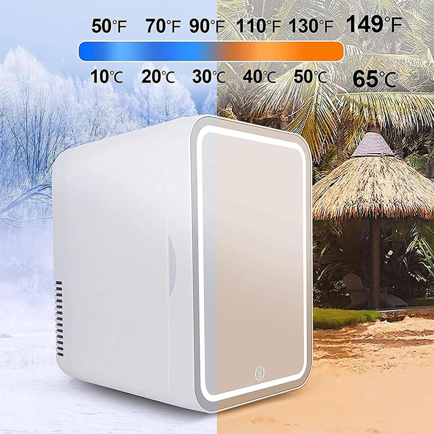 ROLTIN Mini refrigerador para dormitorio, con espejo LED, mini enfriador de capacidad de 8 litros, frío y caliente, refrigerador de coche de doble