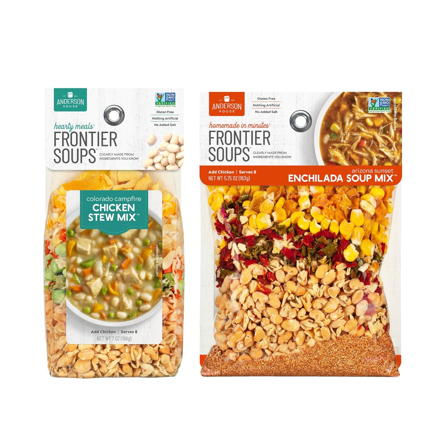 Anderson House Frontier Soups Combo Pack (1) estofado de pollo Colorado Camphogue, 7 onzas y (1) arizona sunset Enchilada, 5.75 onzas