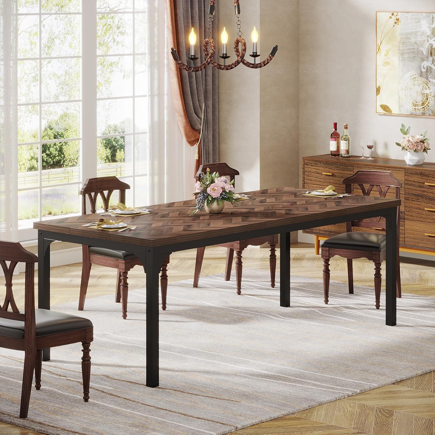 Tribesigns Mesa de comedor de granja para 6-8, 70.9 pulgadas, mesa de cocina rectangular de madera con patas de metal resistentes, mesa de comedor