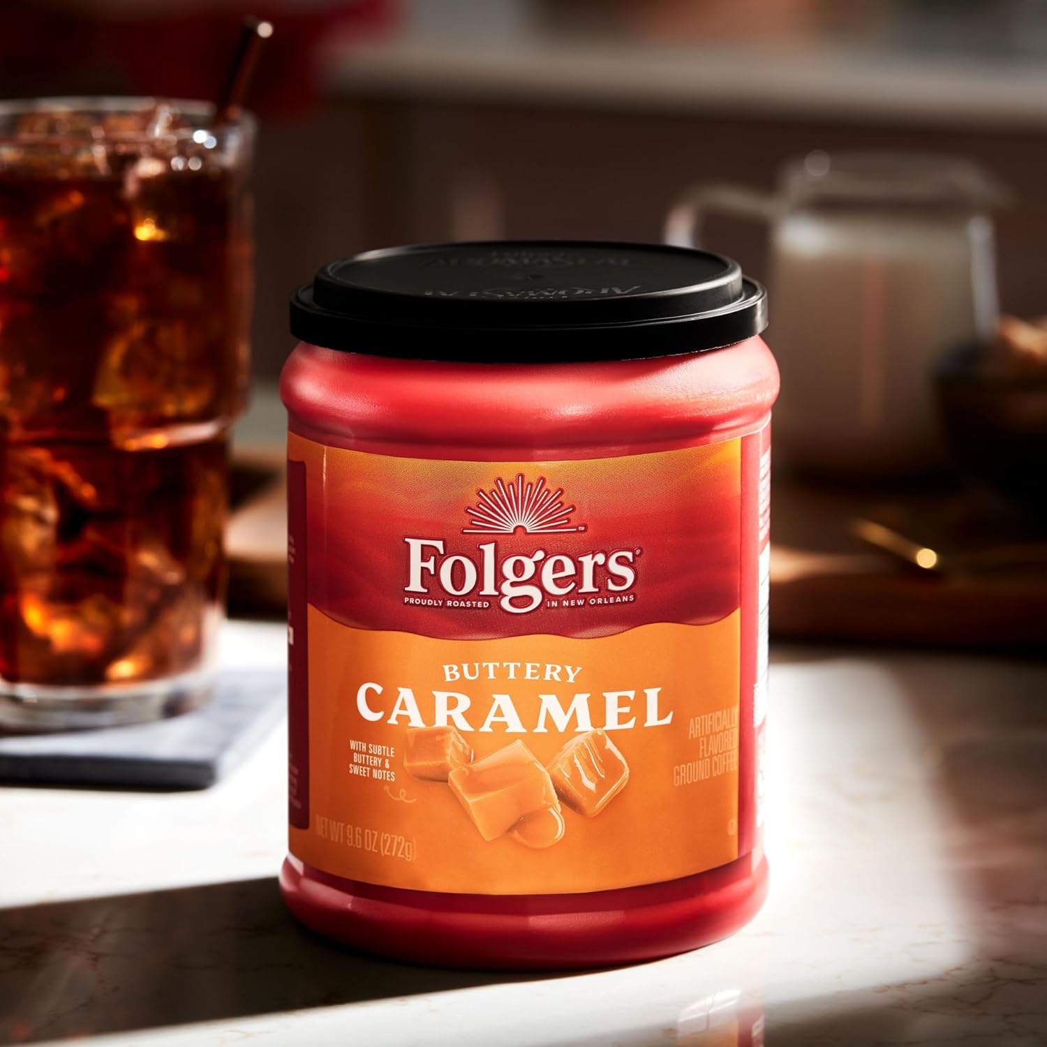 Folgers Café molido con sabor a caramelo mantequilla, recipiente de 9.6 onzas (paquete de 6)