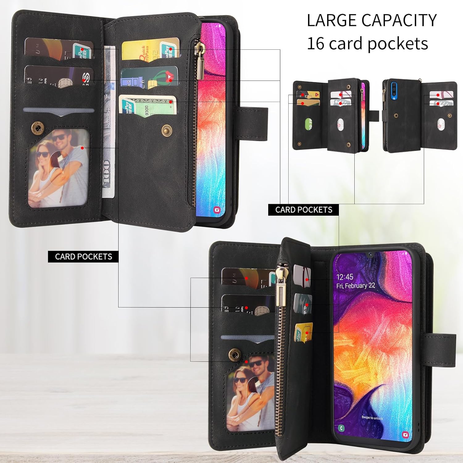 Asuwish Funda de teléfono para Samsung Galaxy A50 A50S A30S Funda tipo cartera con protector de pantalla de vidrio templado y correa para la muñeca