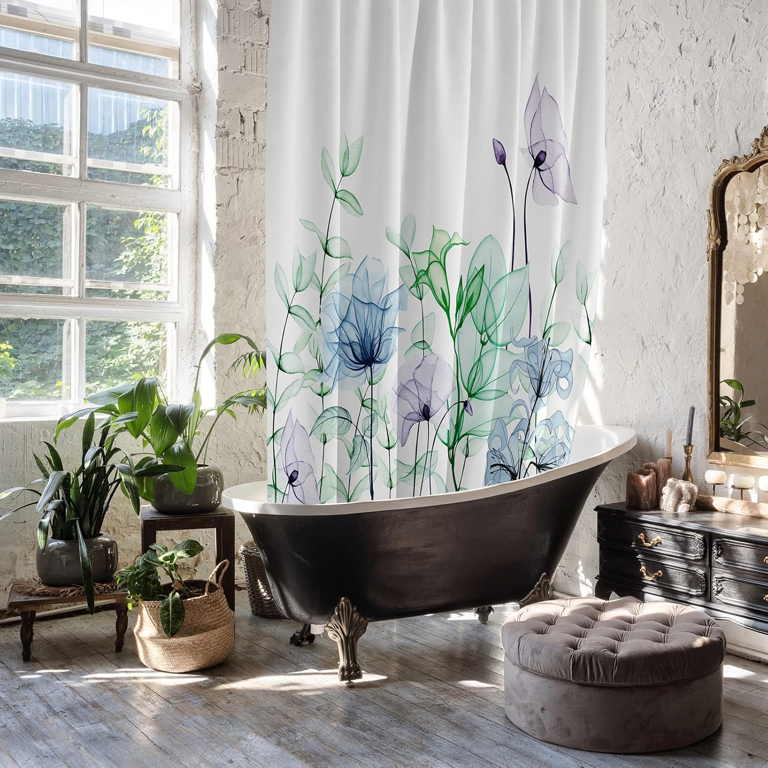 Juego de cortinas de ducha de tela floral con 12 ganchos, cortina de baño de acuarela, accesorios decorativos modernos para baño, flores y hojas