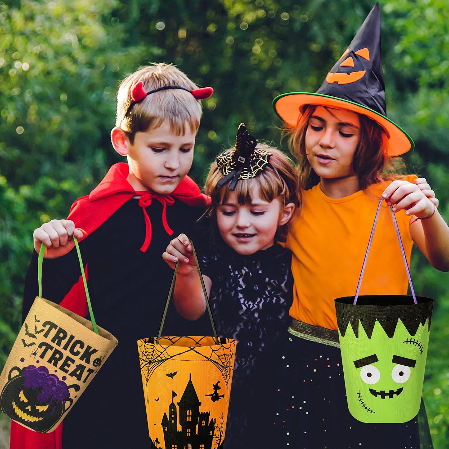 4 bolsas de Halloween para trucos o tratos, plegable, de lona, para caramelos, calabaza, murciélago, cubo de golosinas, cubo de golosinas