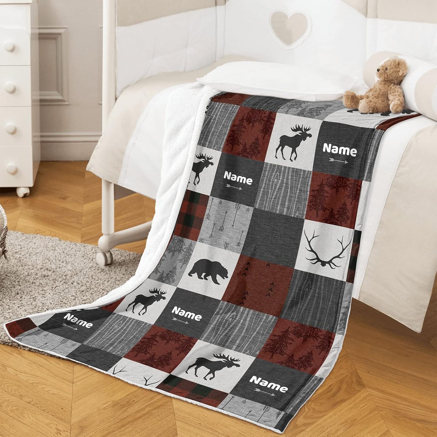 Woodland Deer and Bear – Mantas de bebé neutras personalizadas con nombre, manta suave y acogedora para niños y niñas, decoración de guardería del
