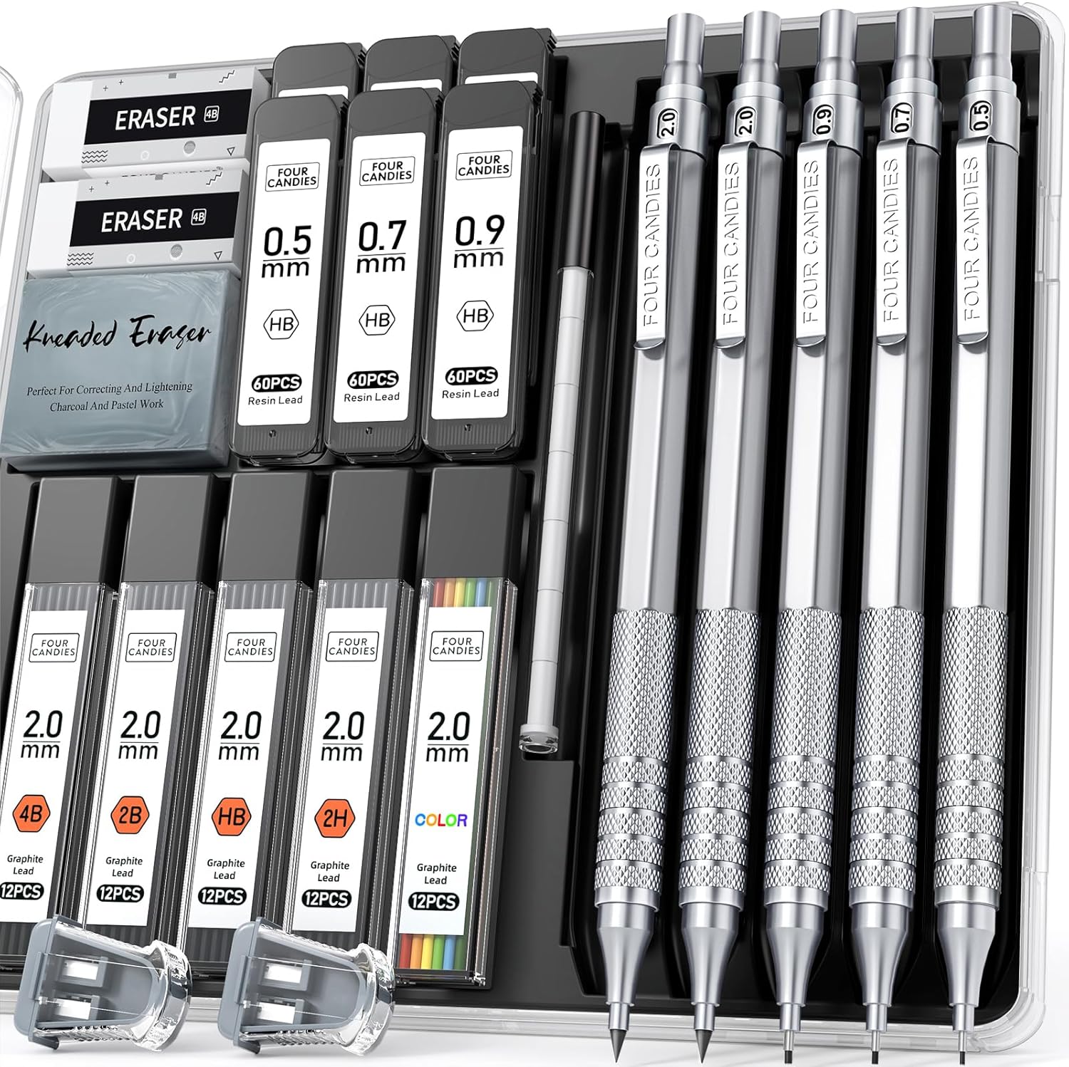 Four Candies Metal Mechanical Pencil Set, 3PCS Art Drafting Pencils 0.5, 0.7, 0.9MM & 2PCS 2MM Mechanical Drawing Pencils with 420PCS Leads (4B 2B