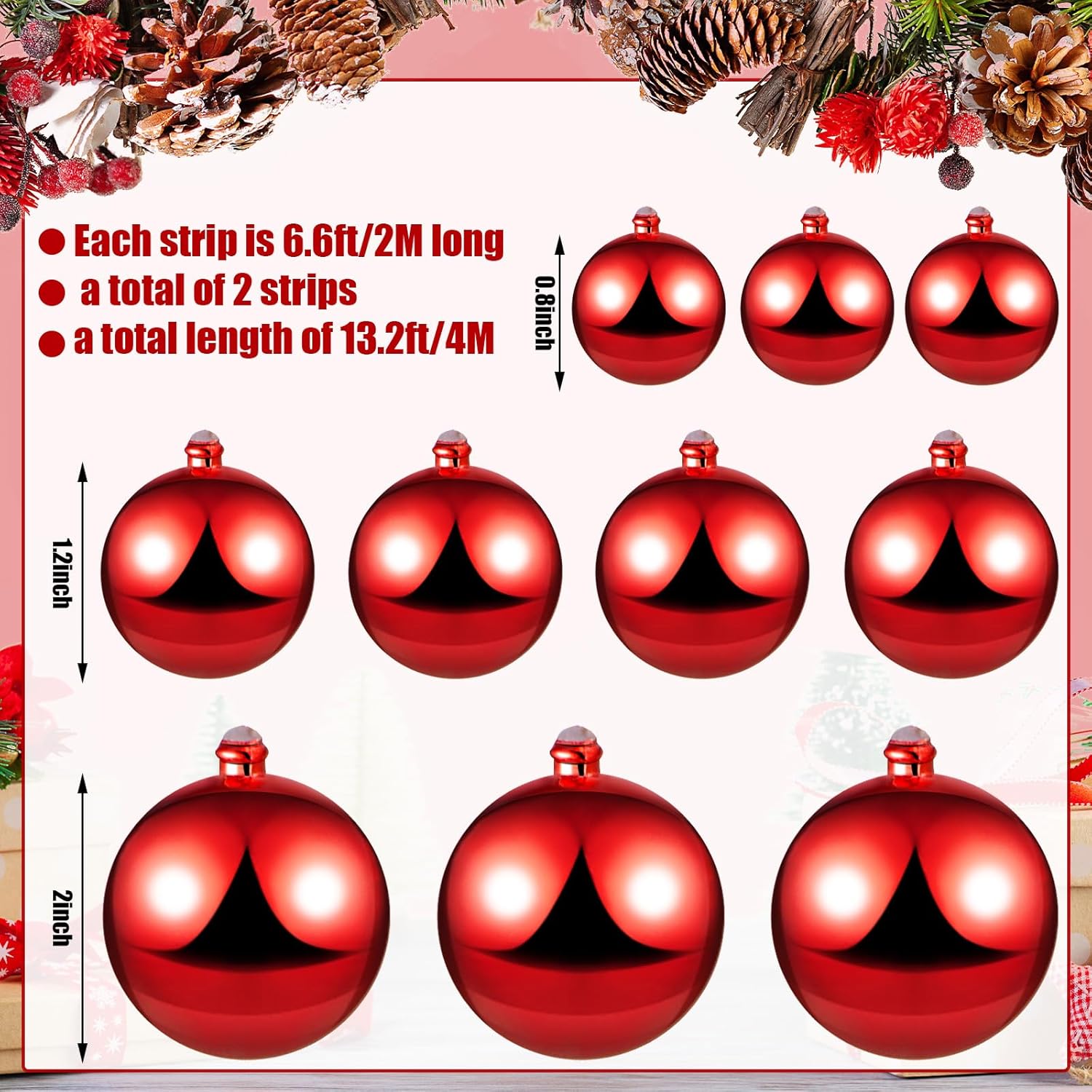 2 guirnaldas de bolas de Navidad de 6.6 pies, adornos de bolas resistentes, guirnalda de bolas de árbol de Navidad, guirnalda para suministros de