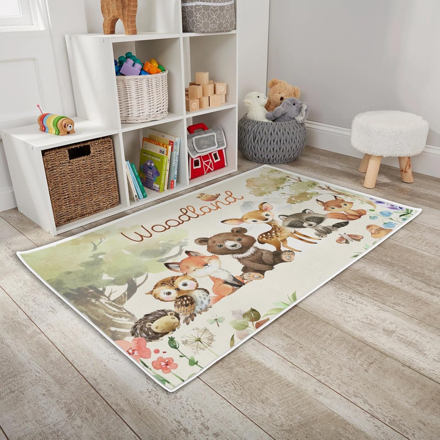 HawSkgFub Alfombra para sala de juegos de animales del bosque, oso del bosque, zorro, ciervo, búho, ardilla, antideslizante, alfombra de juego para