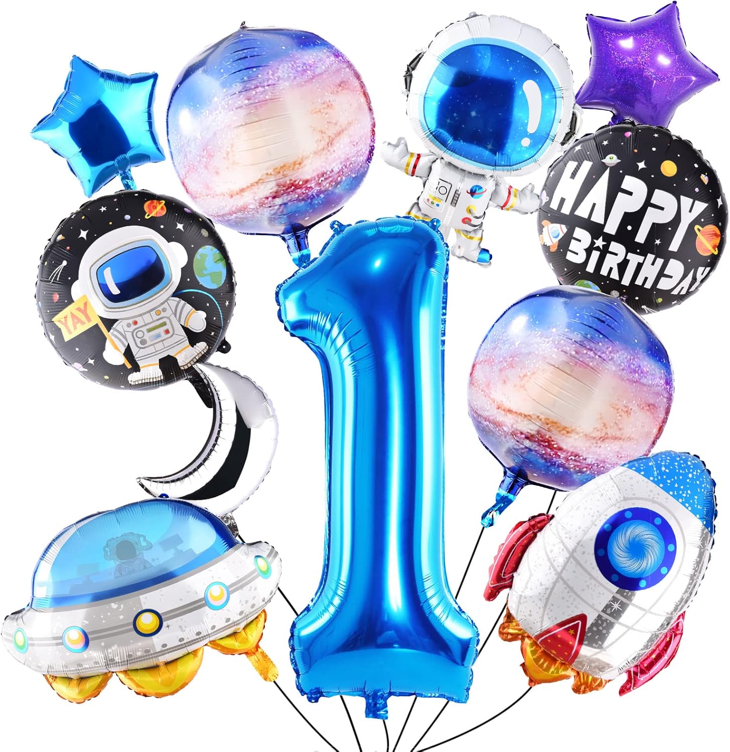 TMCCE 11 globos de aluminio con temática espacial para decoración de fiesta de cumpleaños con temática espacial de astronauta para el primer espacio
