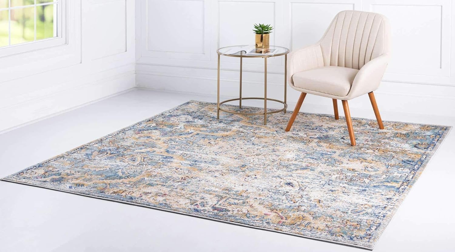 Unique Loom Augustus Collection Area Rug-Assisi, 7′ 0″ x 7′ 0″, Light BlueTan