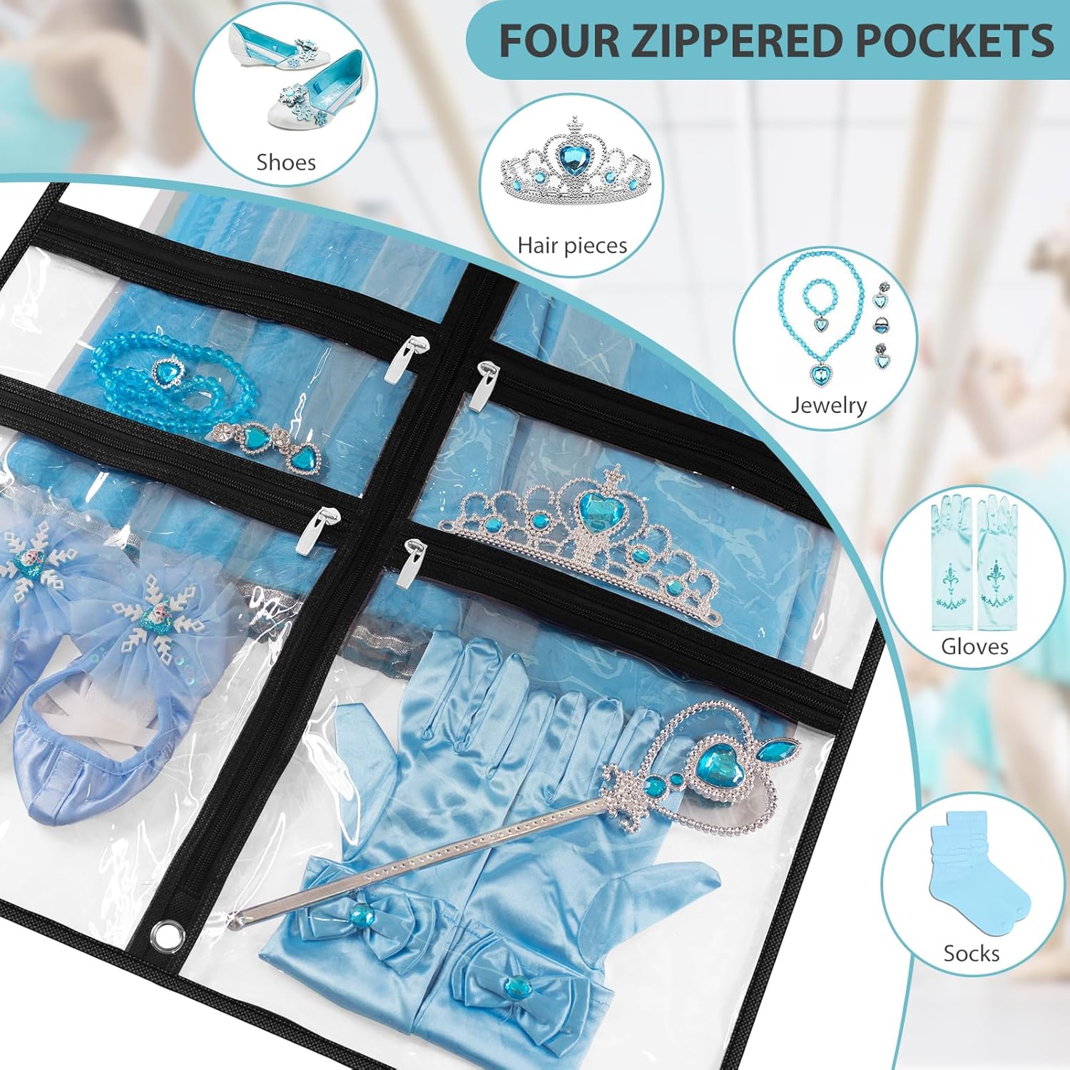 SLEEPING LAMB Paquete de 6 bolsas transparentes para ropa de baile para bailarines con 4 bolsillos, bolsa de ropa de baile de 40 pulgadas para niños
