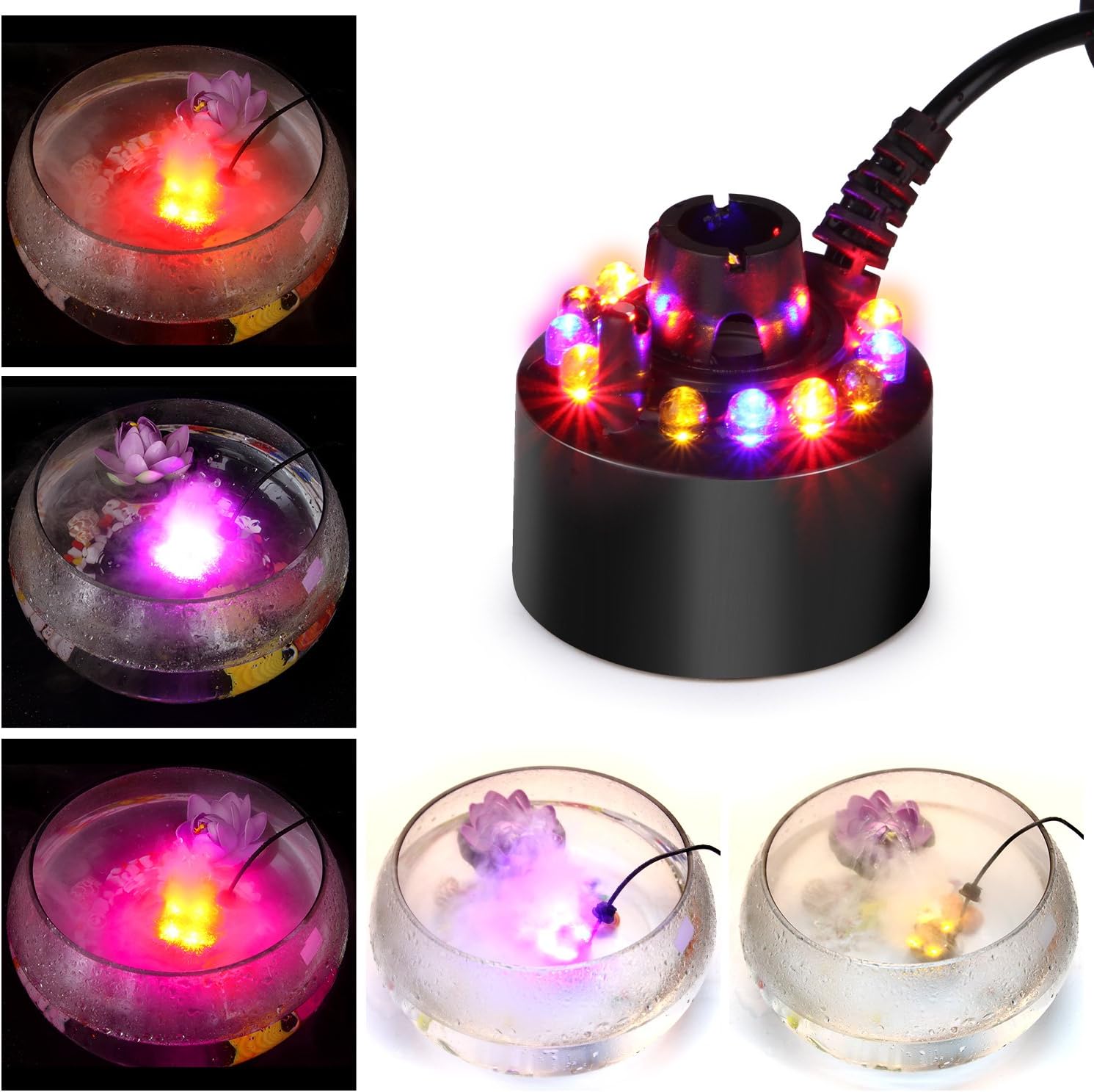 AGPtEK máquina de neblina para estanque de fuente de agua, atomizadora de niebla, humidificadora con 12cambios de color de luz LED para oficina,