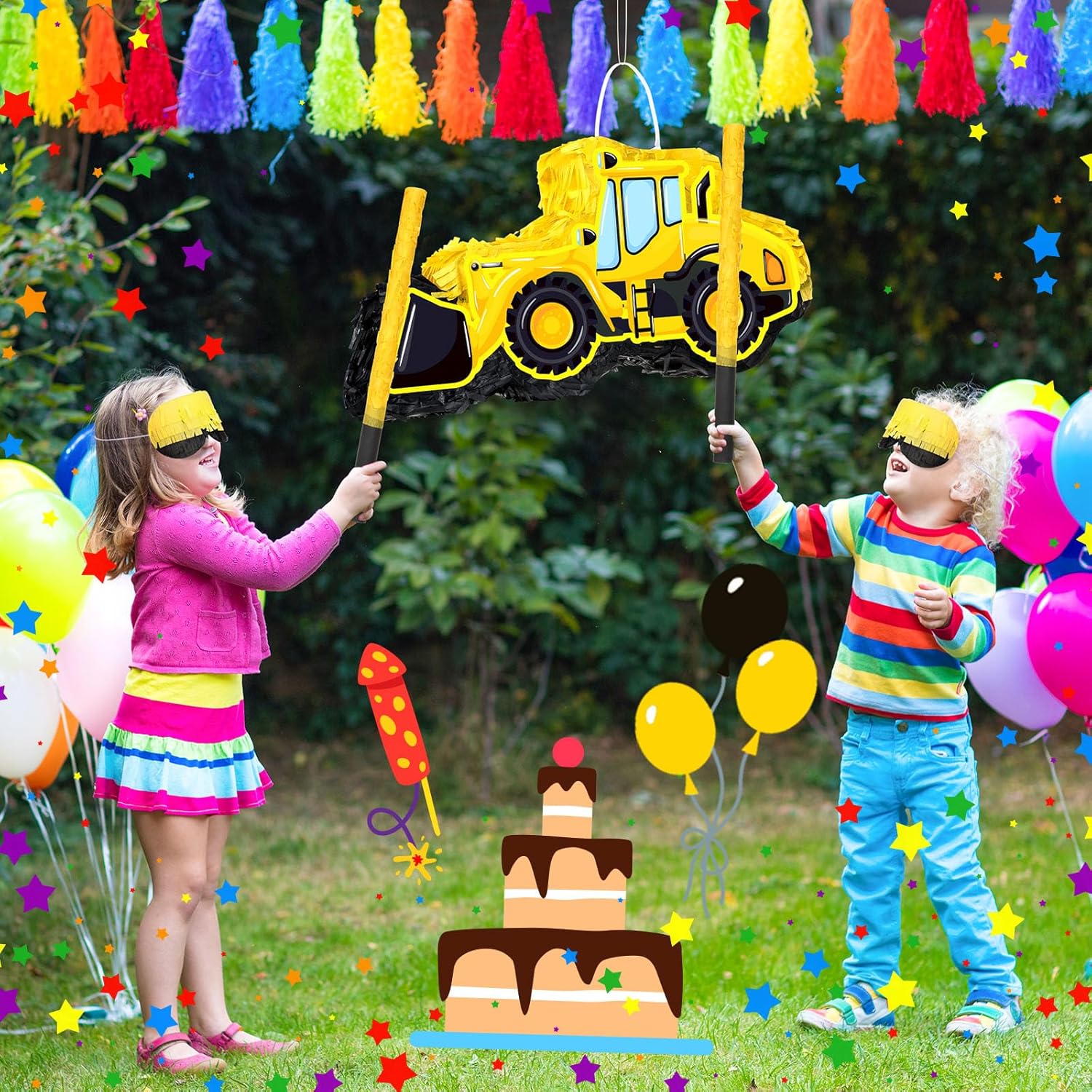 Colarr Paquete de piñata para camión de construcción, piñata, excavadora, con palo, confeti, piñata de construcción, piñata grande de cumpleaños