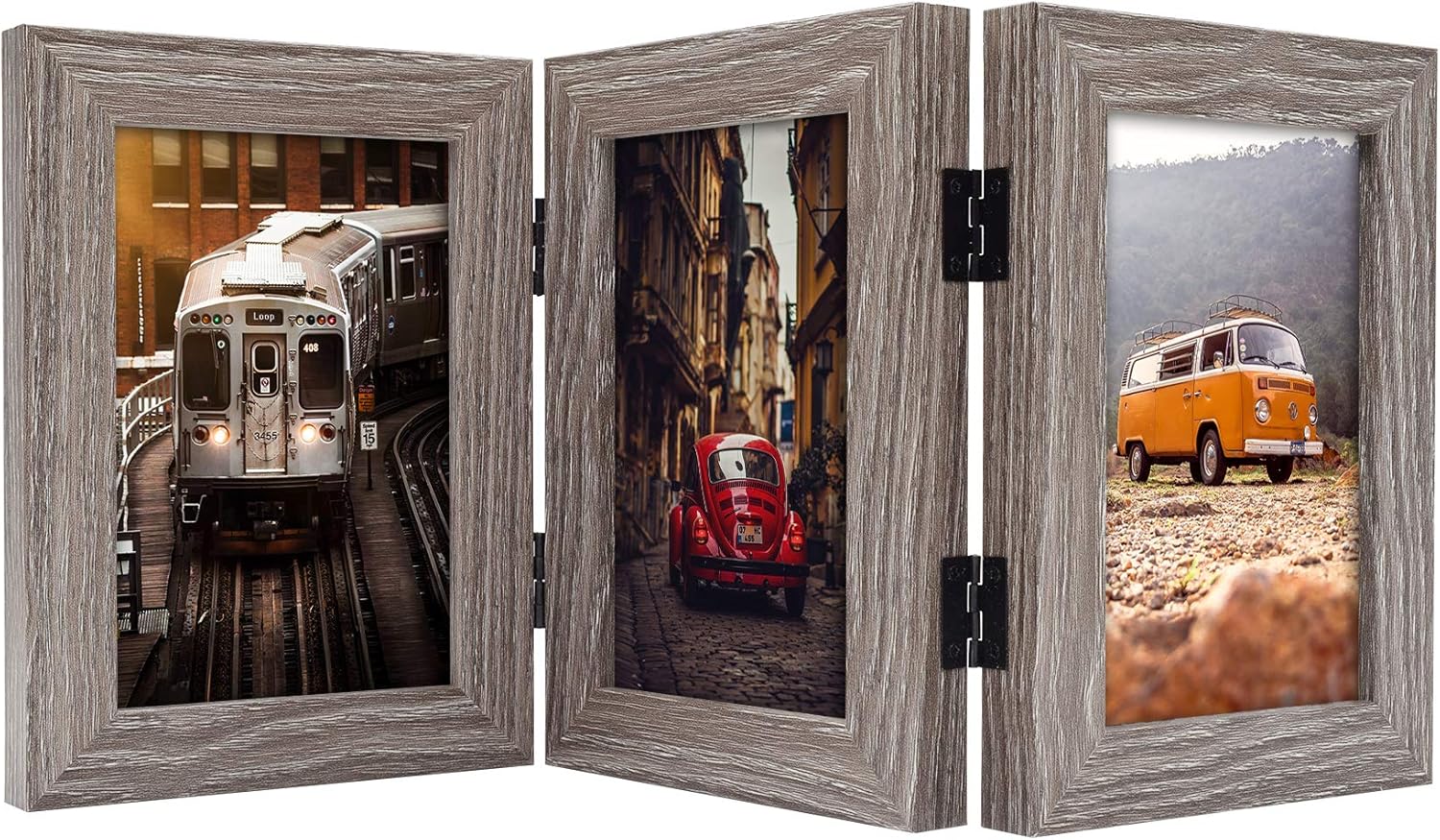 Frametory, Marcos de fotos triples de 4 x 6 con bisagras para collage de 3 fotos, tres marcos de fotos, marco de escritorio múltiple con vidrio