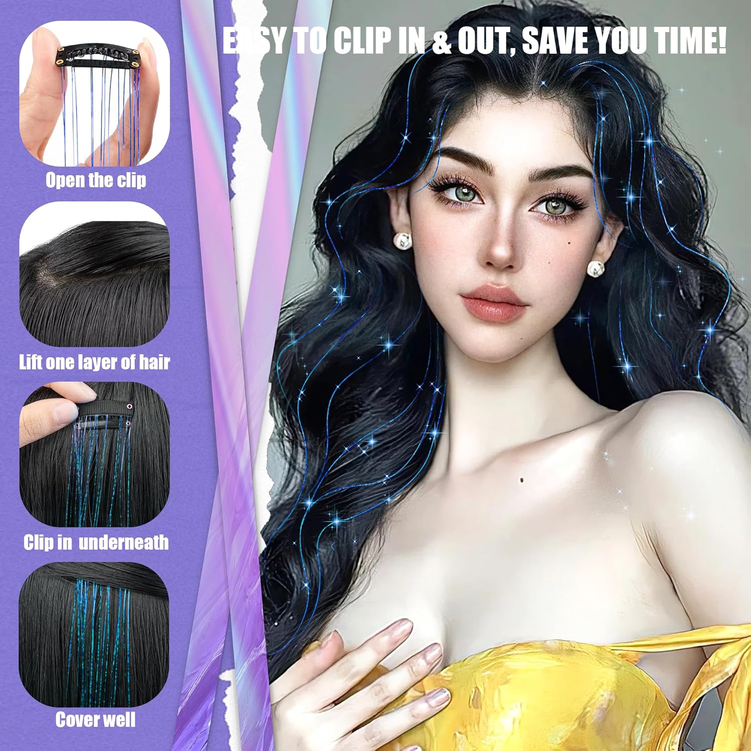 Kit de oropel con clip, 6 extensiones de cabello de oropel con clip, resistentes al calor, con purpurina, accesorios para el cabello brillantes para