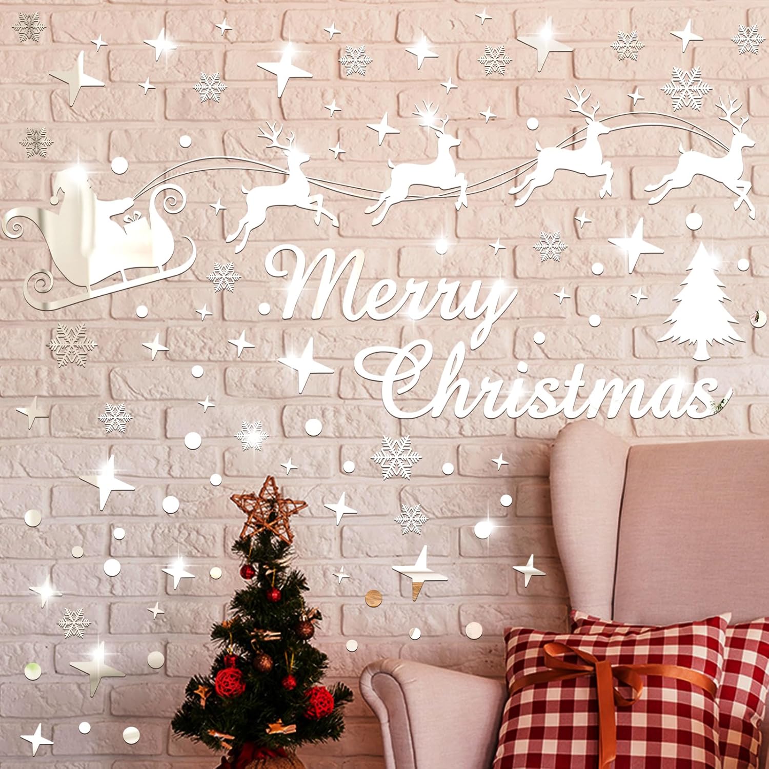 Calcomanías de pared de espejo de Navidad, Feliz Navidad, Papá Noel, reno, copos de nieve, espejo de ventana, se adhiere a la pared, calcomanías de