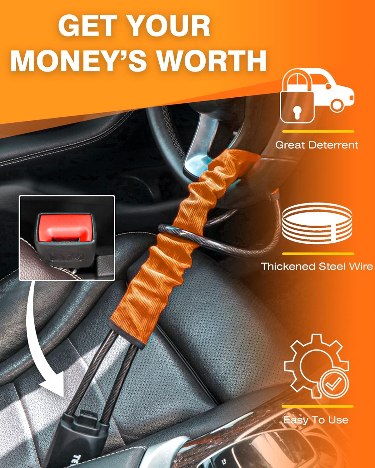 Tevlaphee Cerradura antirrobo del volante con 3 llaves, naranja, tipo de cerradura de llave