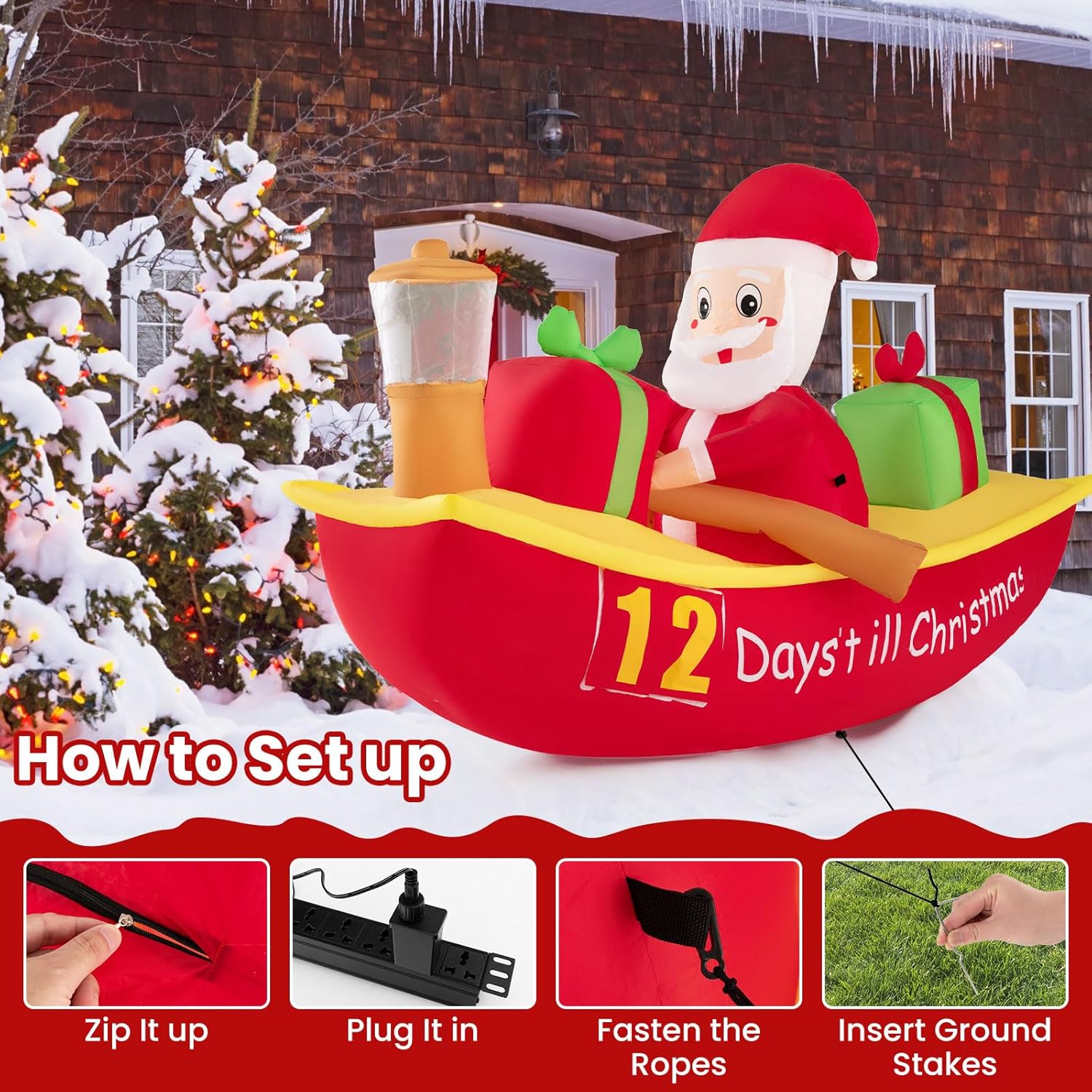 Tangkula Barco inflable de remo de Papá Noel de 7 pies con luz de navegación, cuenta regresiva para Navidad, decoración iluminada al aire libre con
