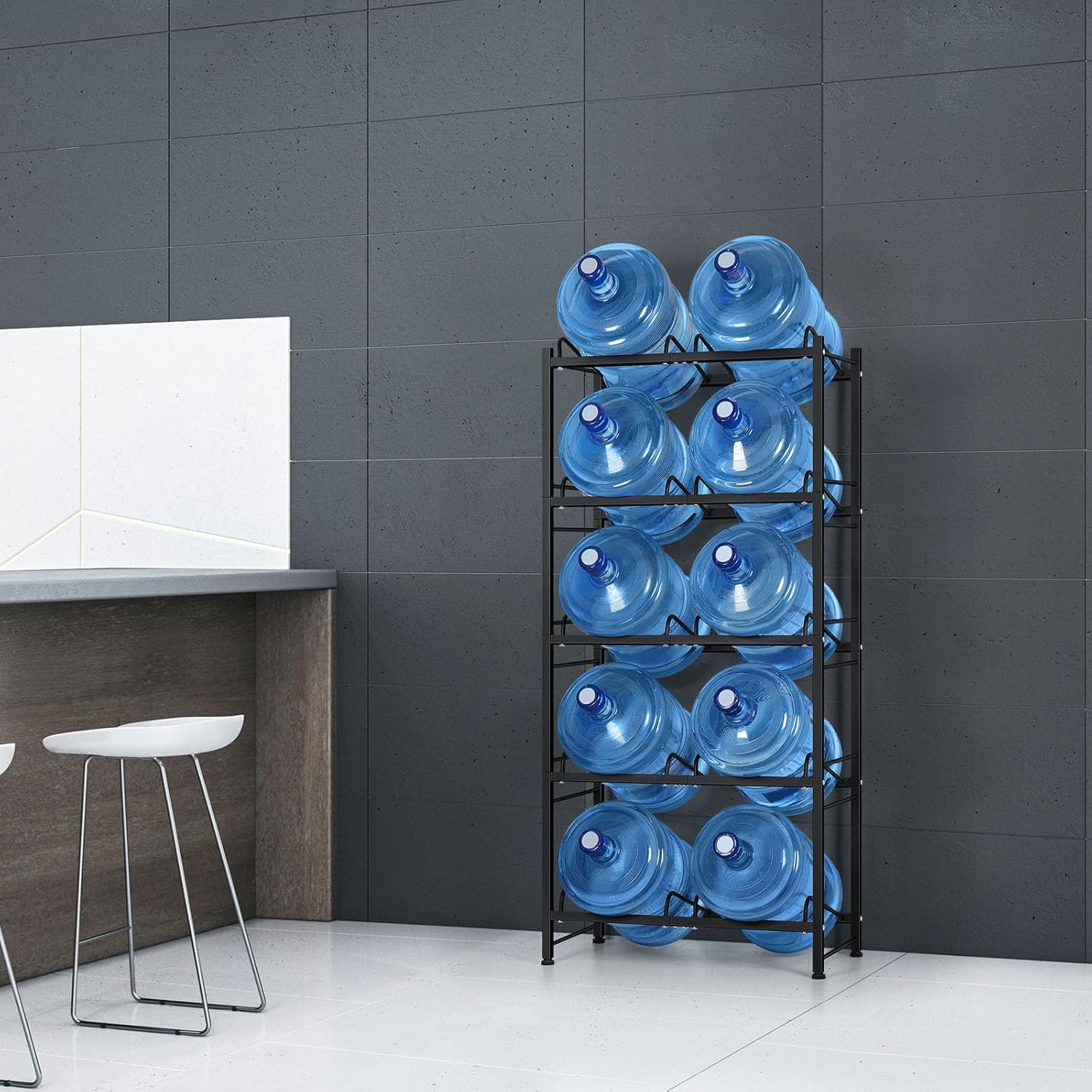 Soporte para botellas de agua de 5 galones de 5 niveles, enfriador de agua con 10 ranuras, estante de almacenamiento de jarra de agua resistente