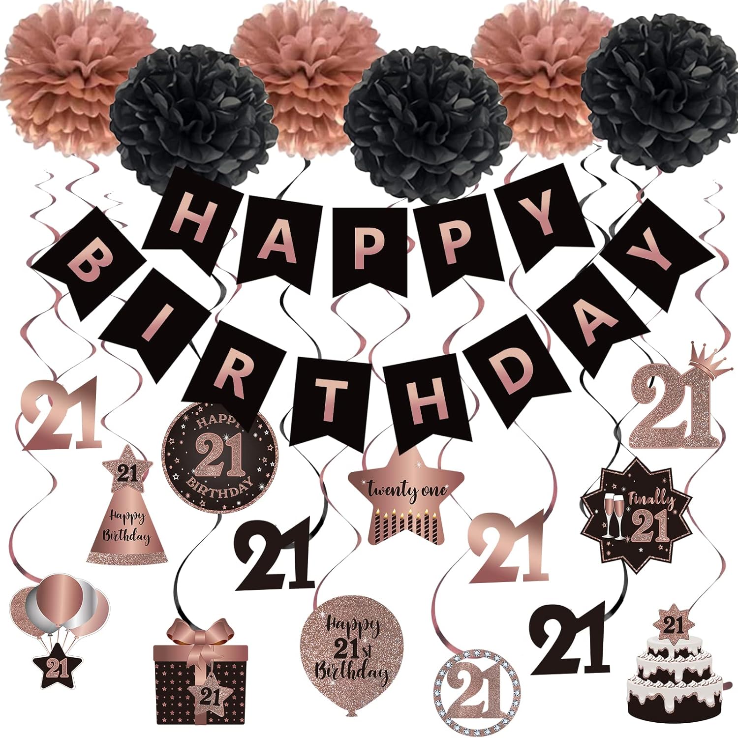 BRT Bearingshui Decoración de serpentinas colgantes de feliz cumpleaños número 21, pancarta de feliz cumpleaños con pompones de seda, oro rosa y