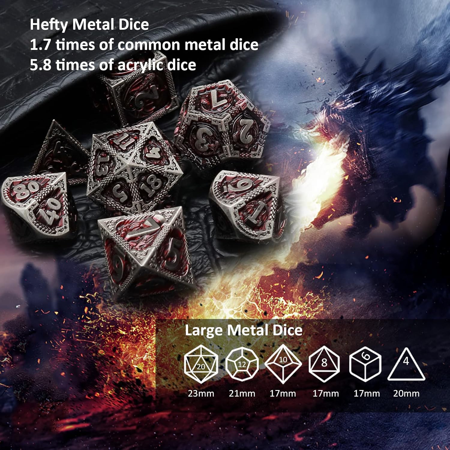 Haxtec DND Juego de dados de metal D&D con bolsa de dados de cuero, dados poliédricos de metal rojo de hierro antiguo para Dungeons and Dragons