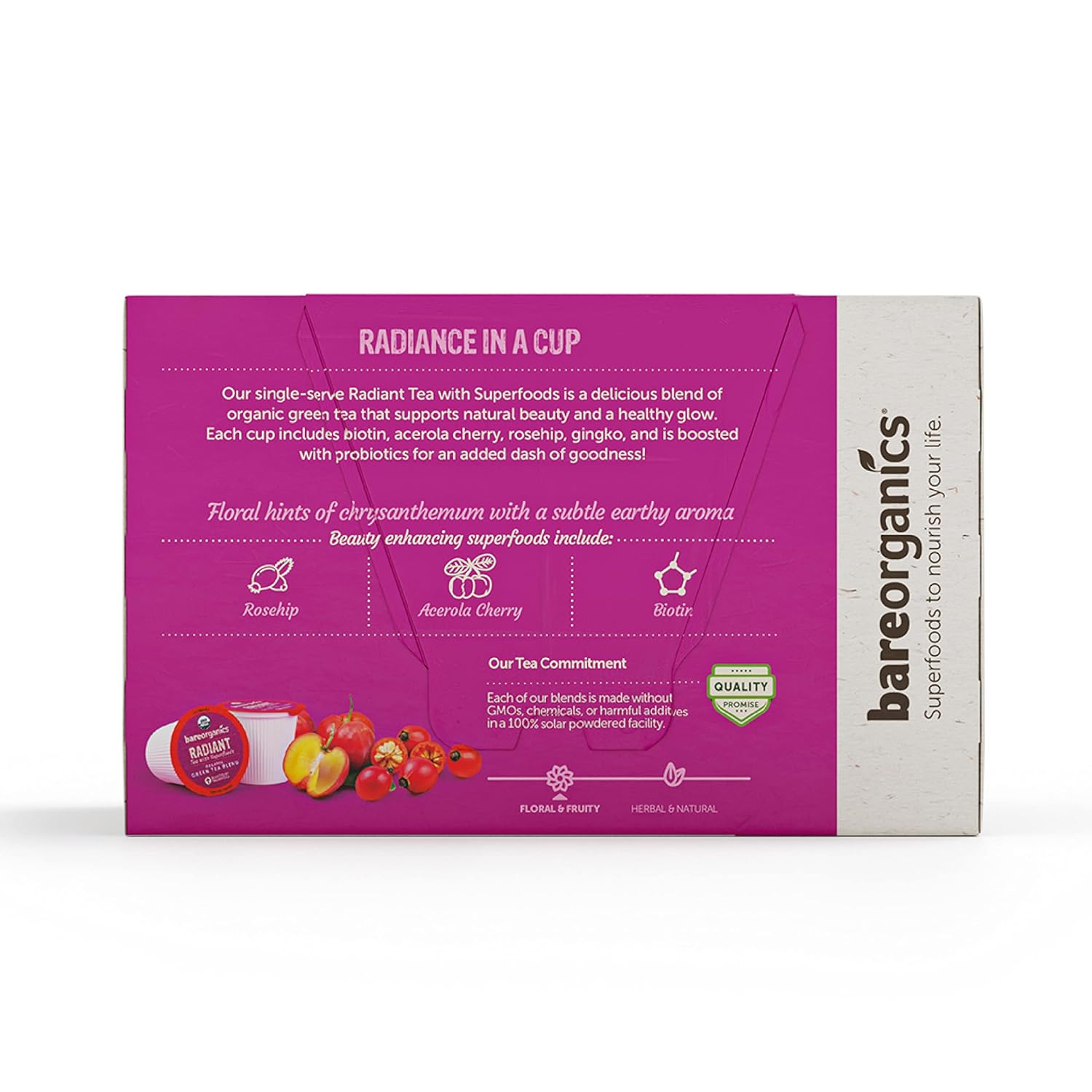 BareOrganics Té radiante con superalimentos y probióticos  Cápsulas de té compatibles con Keurig K-Cup  Certificado USDA orgánico, vegano, sin OMG y