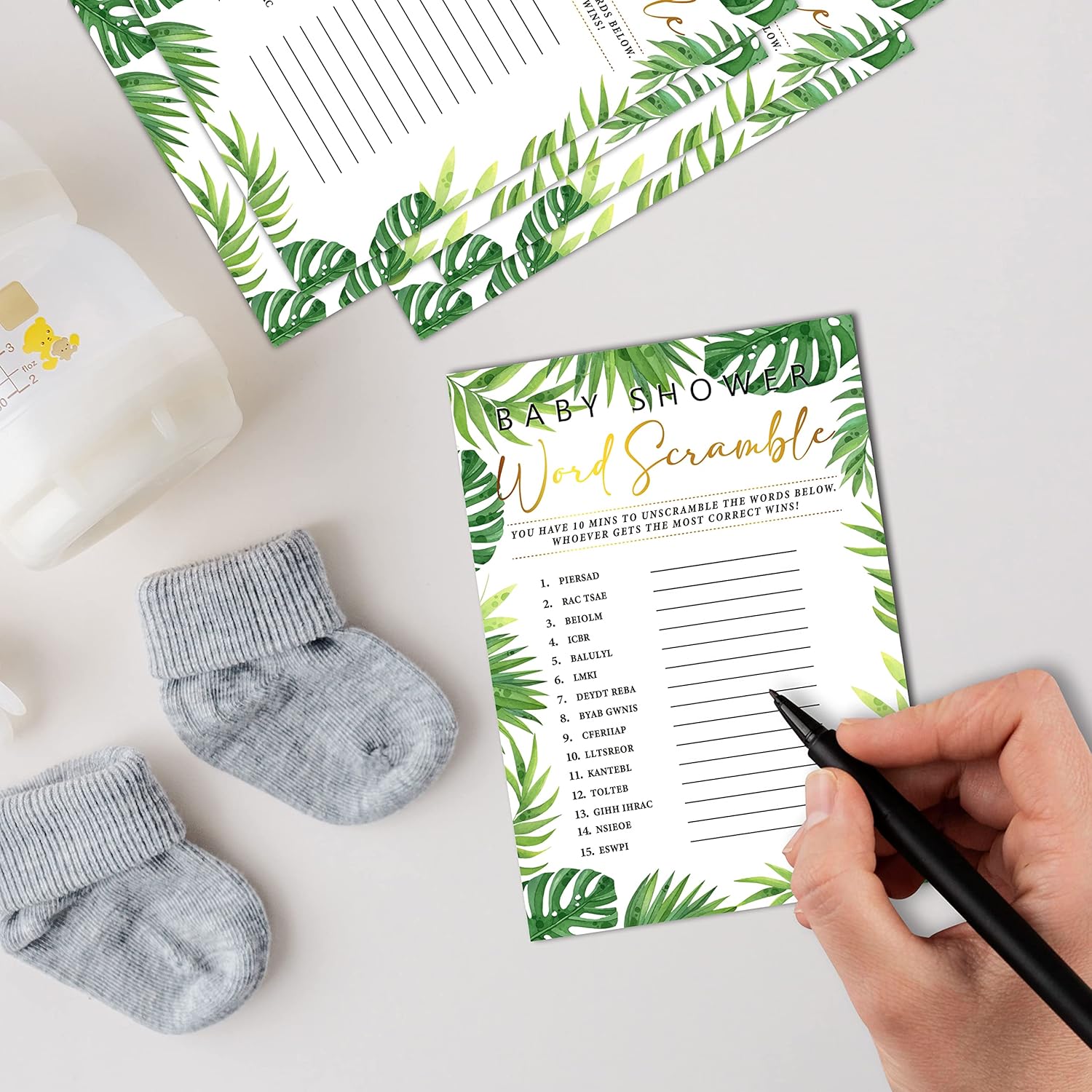 30 juegos de baby shower del bosque con 1 tarjeta de respuesta (5 x 7 pulgadas) – 2 juegos de doble cara – Oh Baby True o False & Word Scramble Game