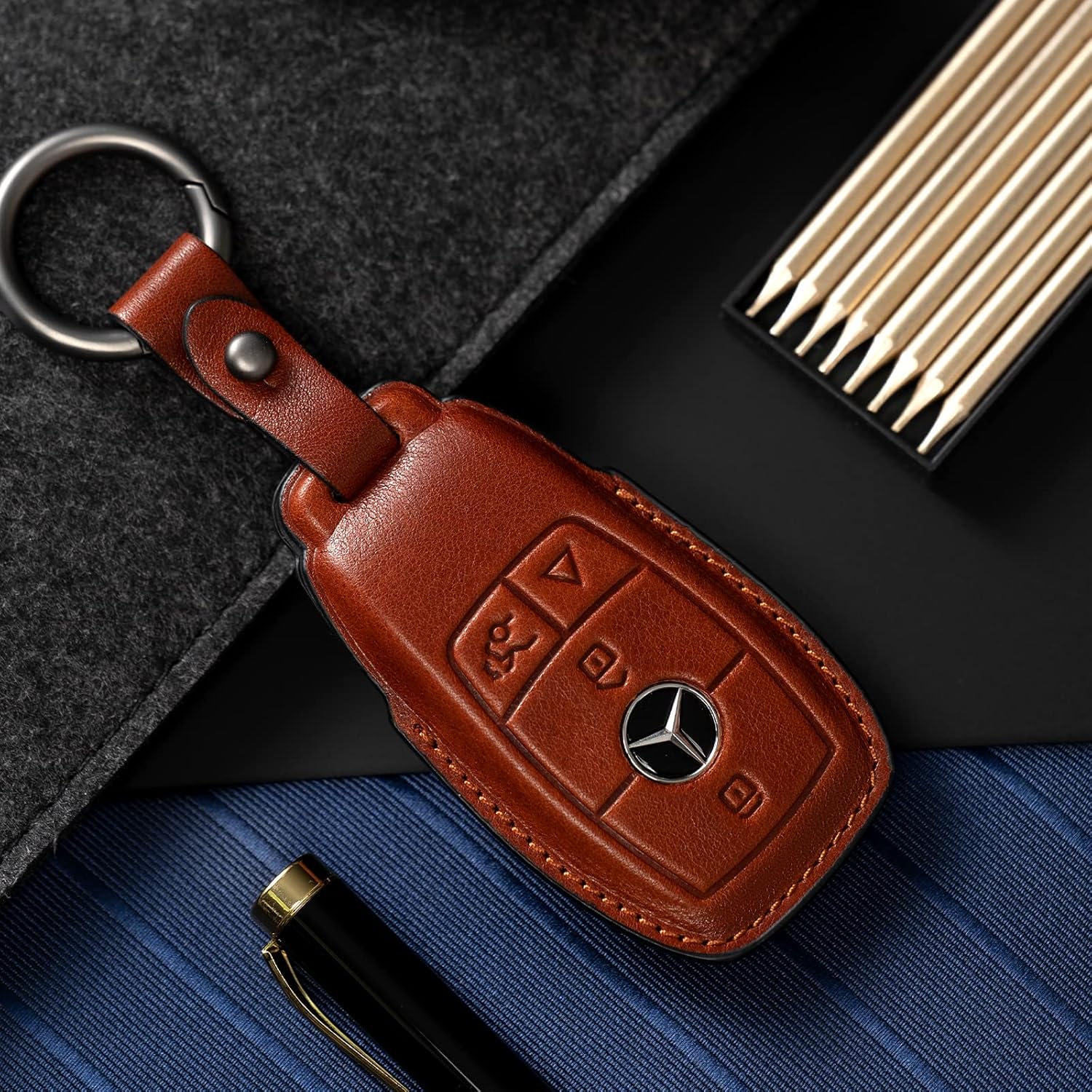 Smyfob Funda de cuero para llavero de automóvil, color marrón, compatible con Mercedes Benz, Marrón