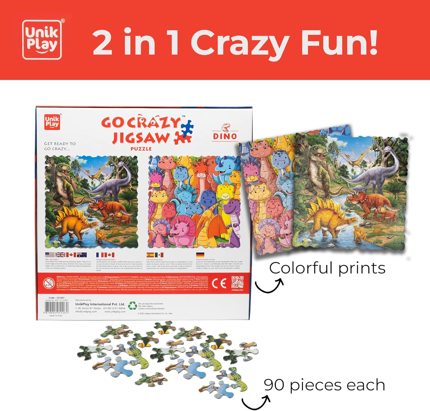 Rompecabezas de dinosaurios  Paquete de 2 rompecabezas para niños, 12 x 12 pulgadas, 90 + 90 piezas  Rompecabezas único y atractivo sin bordes