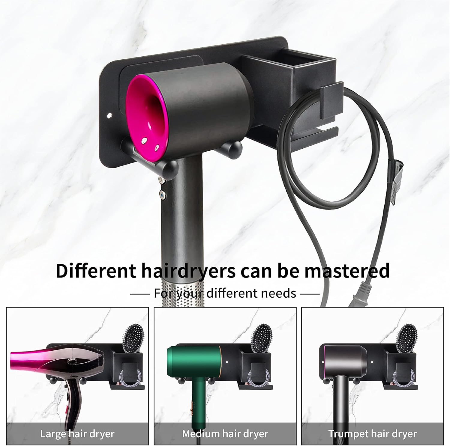 Soporte para secador de pelo, estante de almacenamiento montado en la pared, soporte de almacenamiento para cepillos de pelo, estantes de
