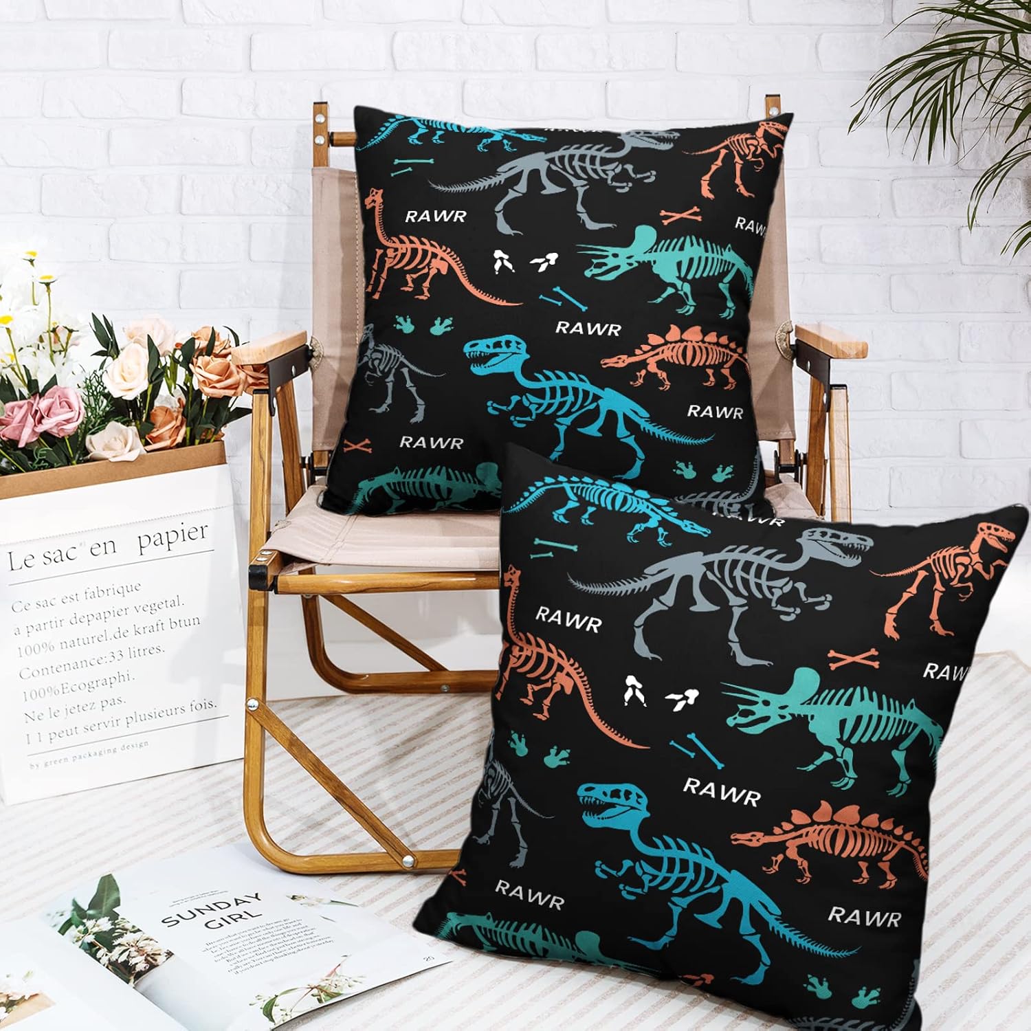 Juego de 2 fundas de almohada de calavera de dinosaurio azul de 16 x 16 pulgadas, fundas de almohada cuadradas de lino abstracto con huesos de