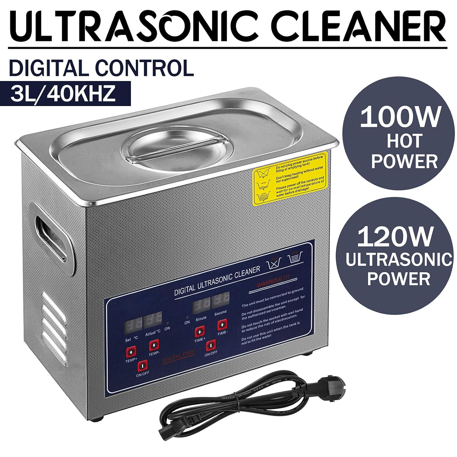 Limpiador ultrasónico de 0.79 galones3 l, limpiador ultrasónico calentado de acero inoxidable, limpiador ultrasónico de 120 W, limpiador ultrasónico