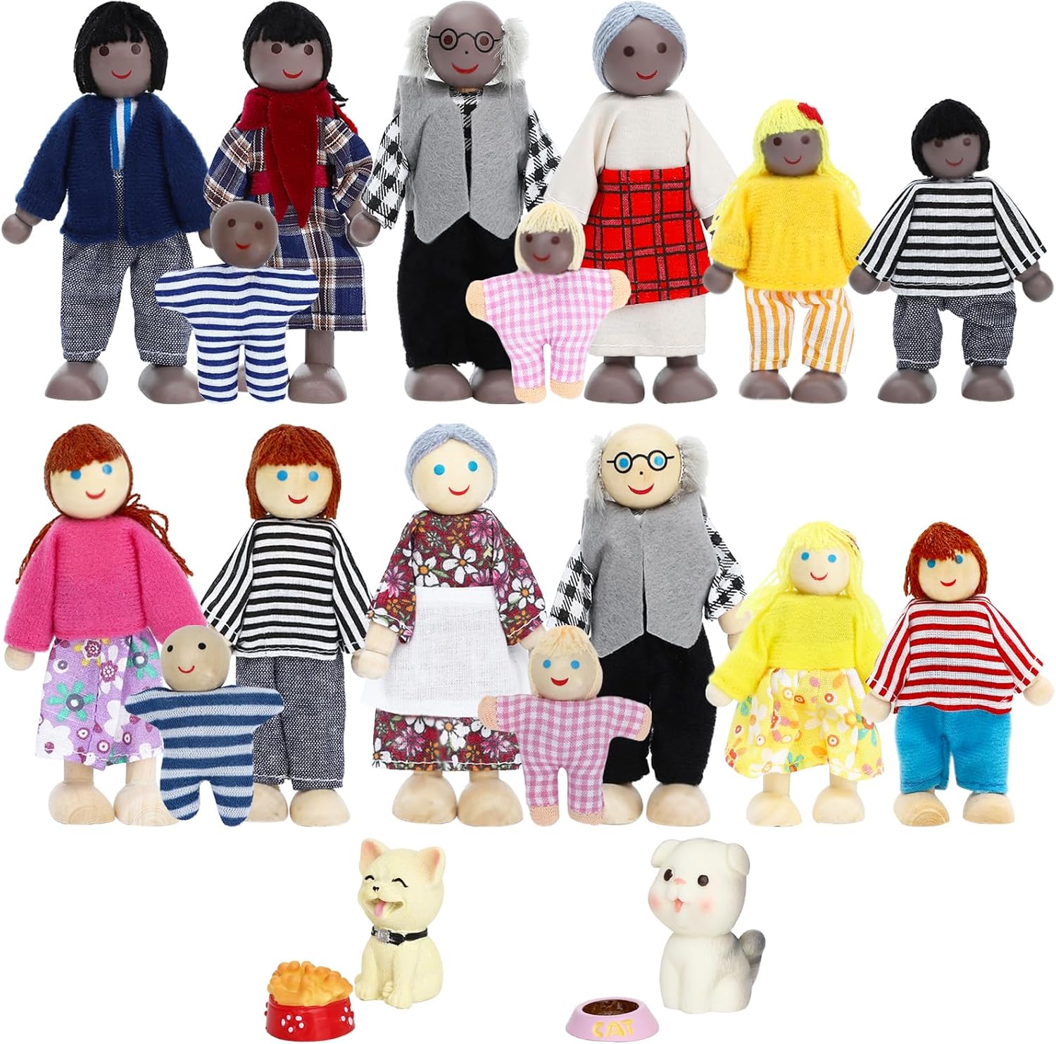 ONEST Juego de 20 piezas de casa de muñecas de madera, mini figuras de personas, juegos de perros y gatos, muñecas de madera, muñecas de madera,