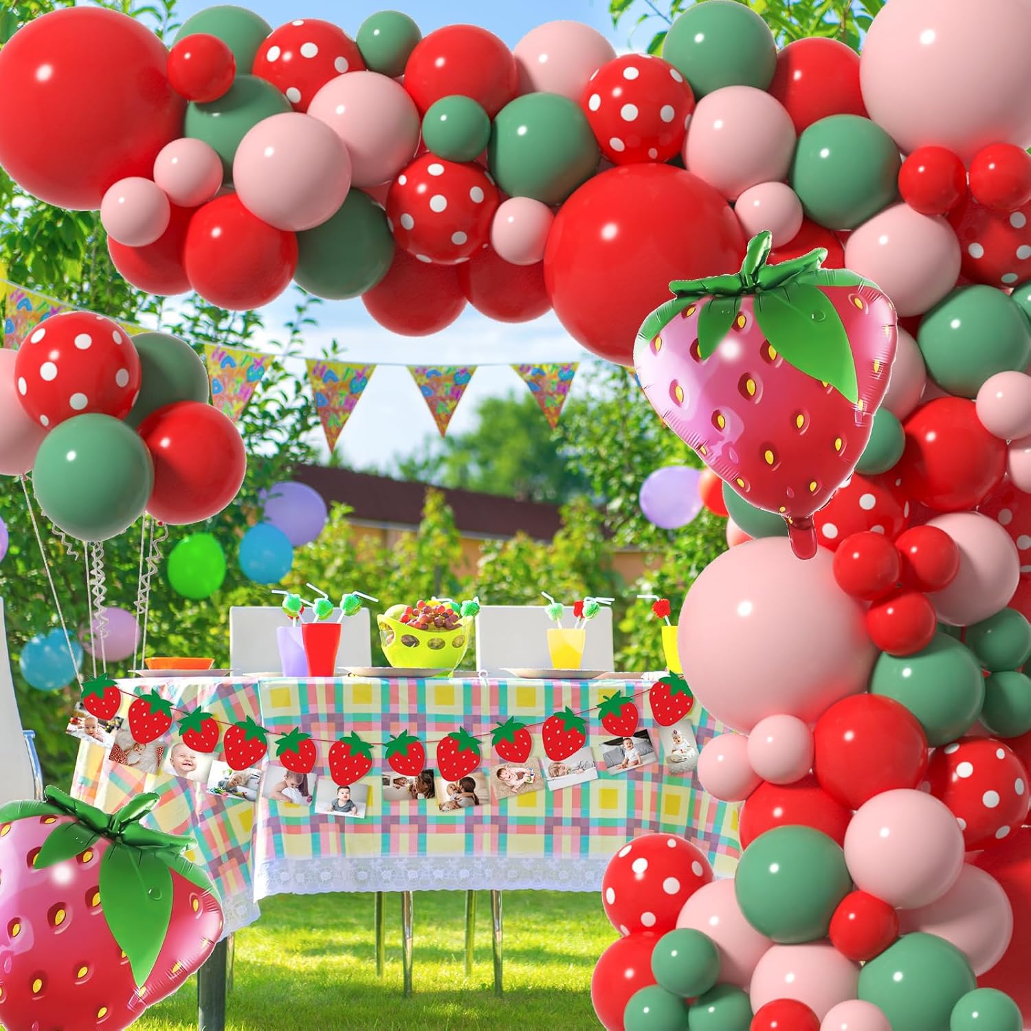 Kit de arco de globos de fresa, decoración de fiesta de cumpleaños con diseño de frutos rojos, rosa, salvia, verde, lunares, guirnalda de baby