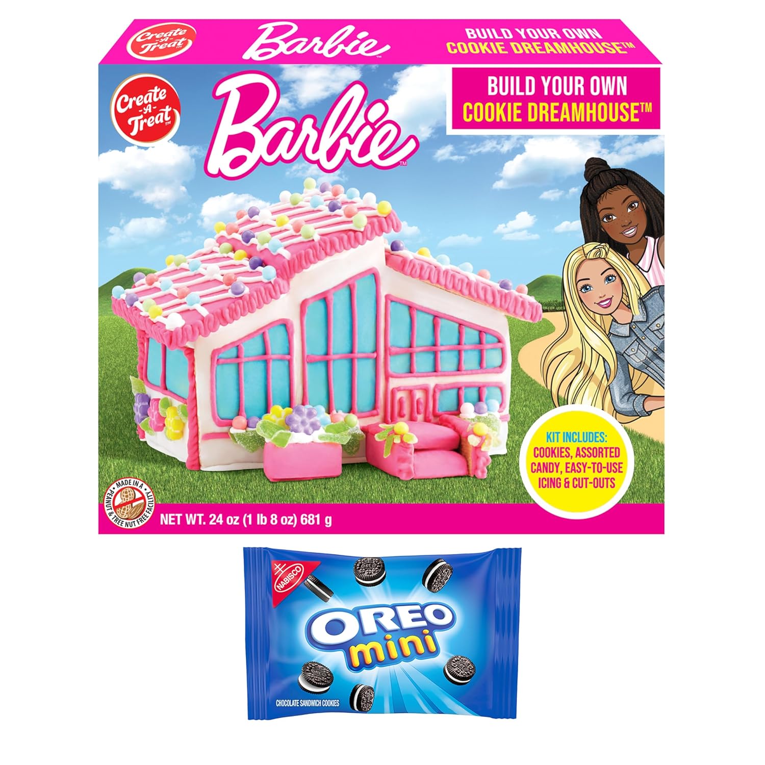 Create-A-Treat Barbie Dreamhouse – Kit de decoración de galletas, 24 onzas + paquete de mini galletas OREO