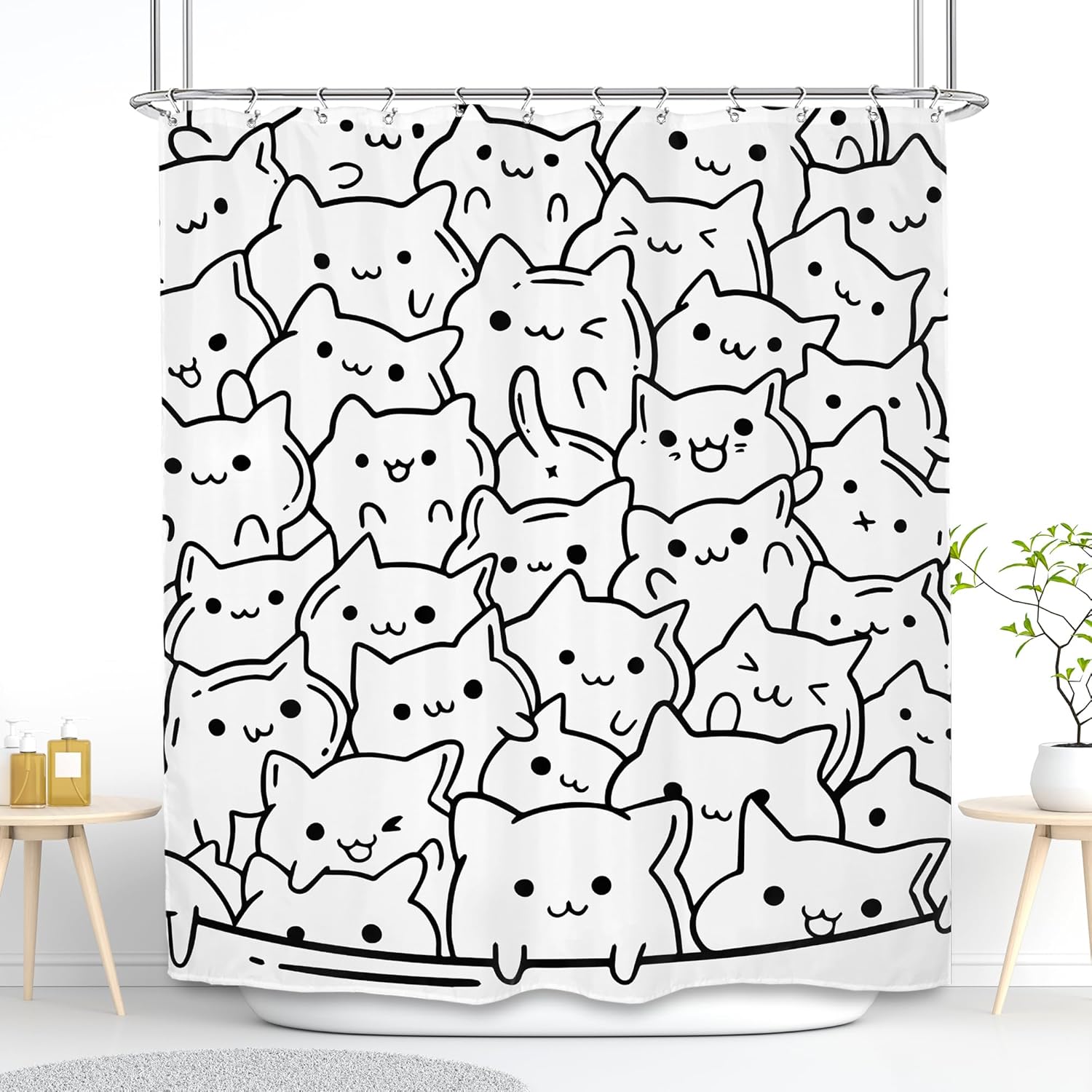 SVBright Cortina de ducha con diseño de gato de 60 pulgadas de ancho x 72 pulgadas de largo para niños, divertida, negro, blanco, animal, linda,