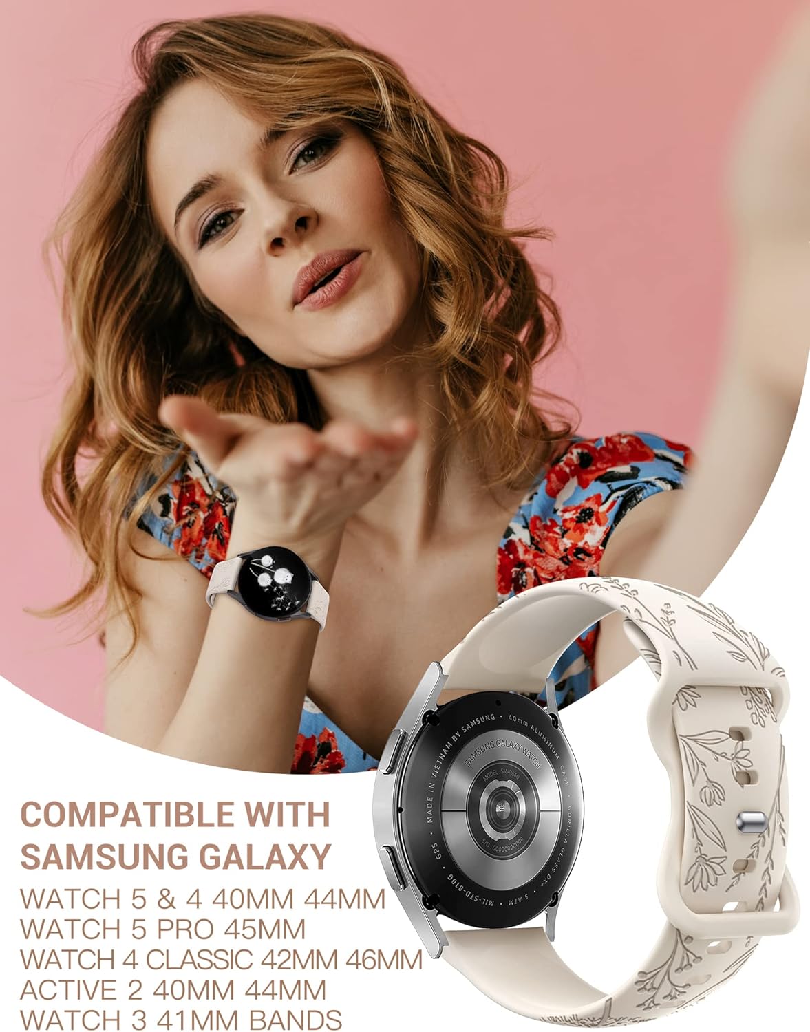 W-RARA Correa deportiva con grabado floral compatible con Samsung Galaxy Watch 654Active 2 de 1.575 pulgadas, 1.732 pulgadas, Watch 5 Pro de 1.772