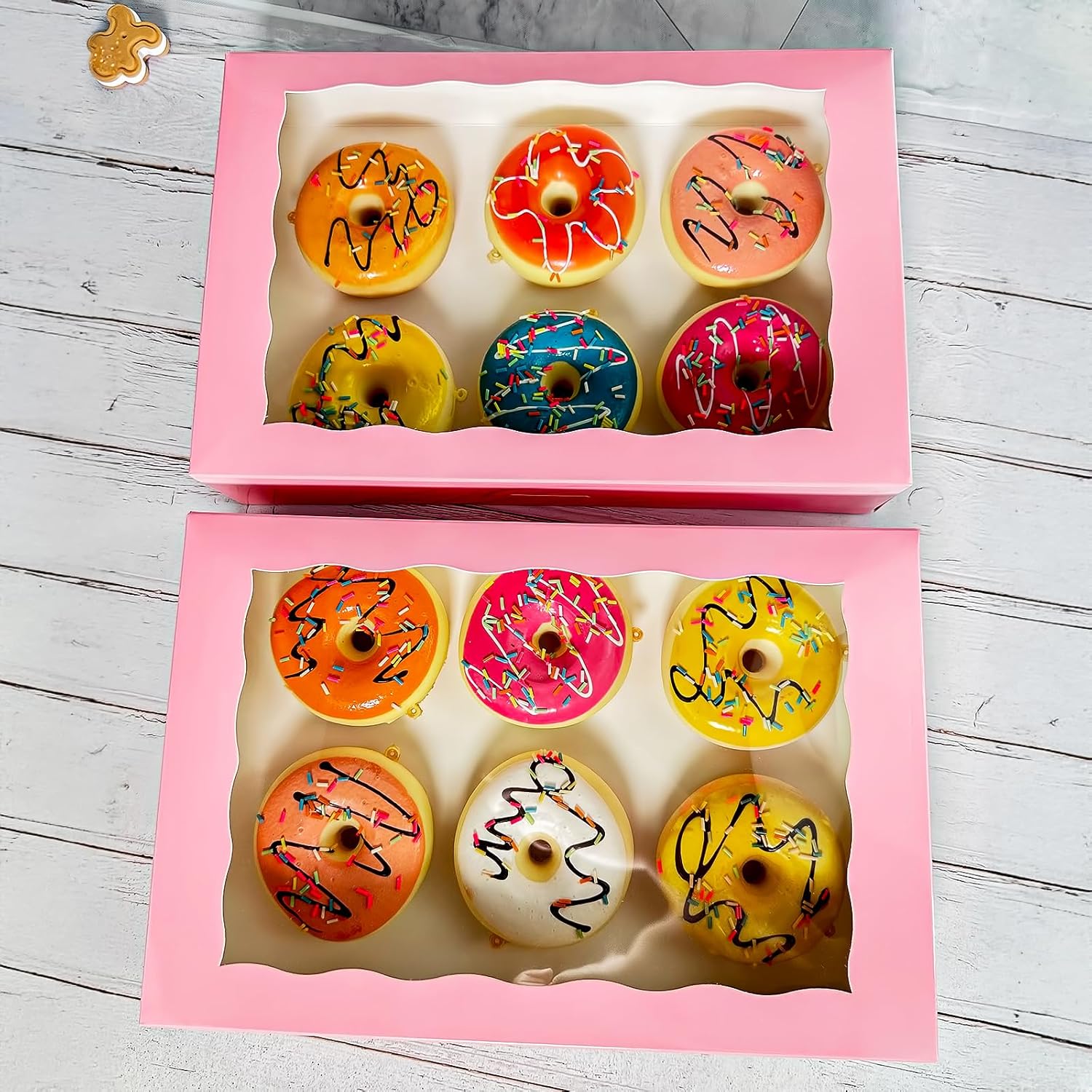 Paquete de 15 cajas de pastelería rosa para panadería de 12 x 8 x 2.5 pulgadas, donas grandes, magdalenas, cajas de galletas con ventana de PVC,